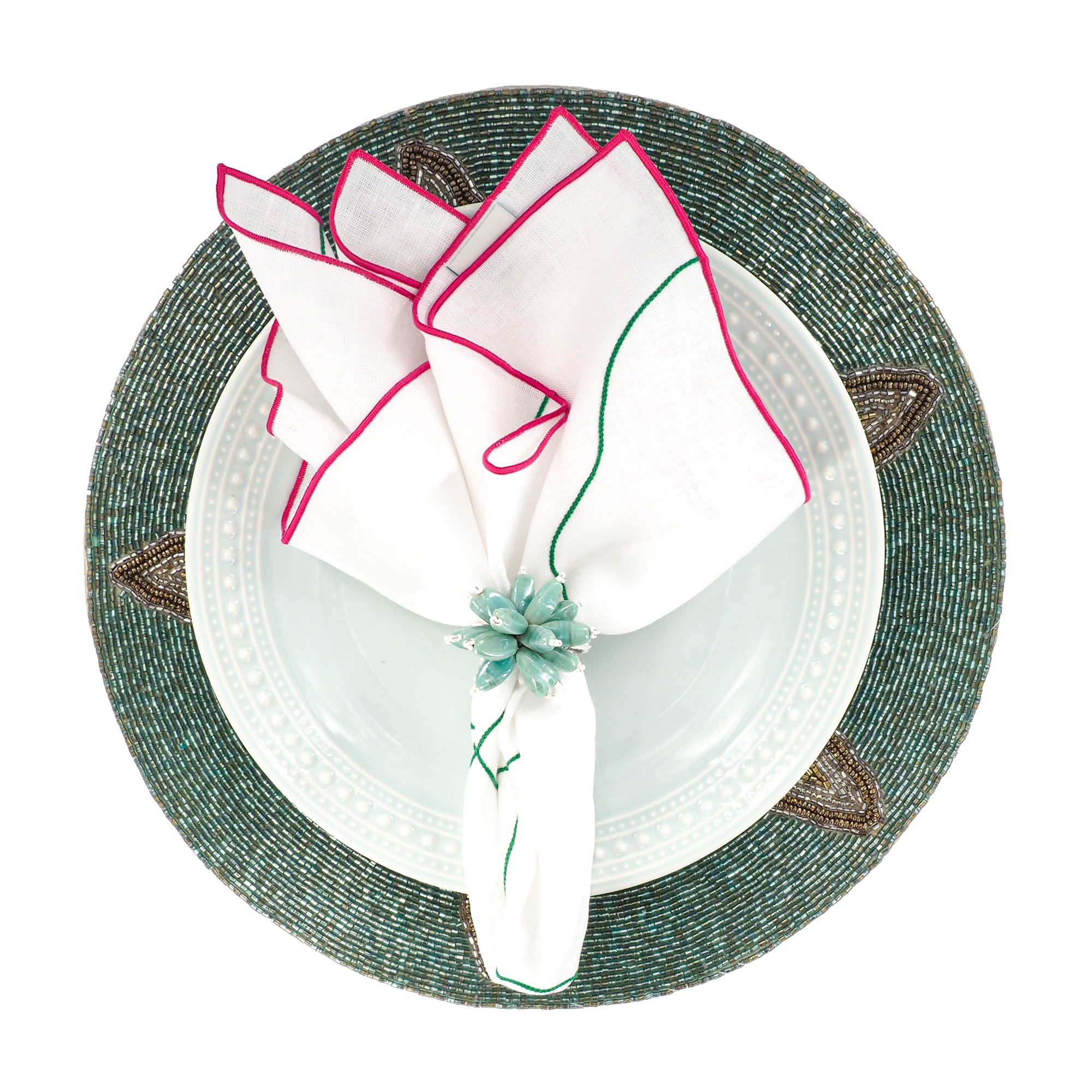 Set of 4 Chicago Linen Napkins with red satin stitch edges, ideal for weddings, holidays, and special celebrations.