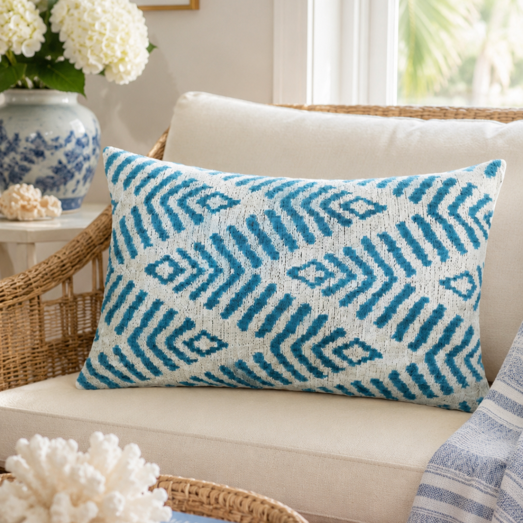 Luxury handmade coastal blue silk velvet ikat pillow cover styled on a neutral armchair, featuring aqua blue geometric patterns and luxury beach house decor inspired by coastal living.