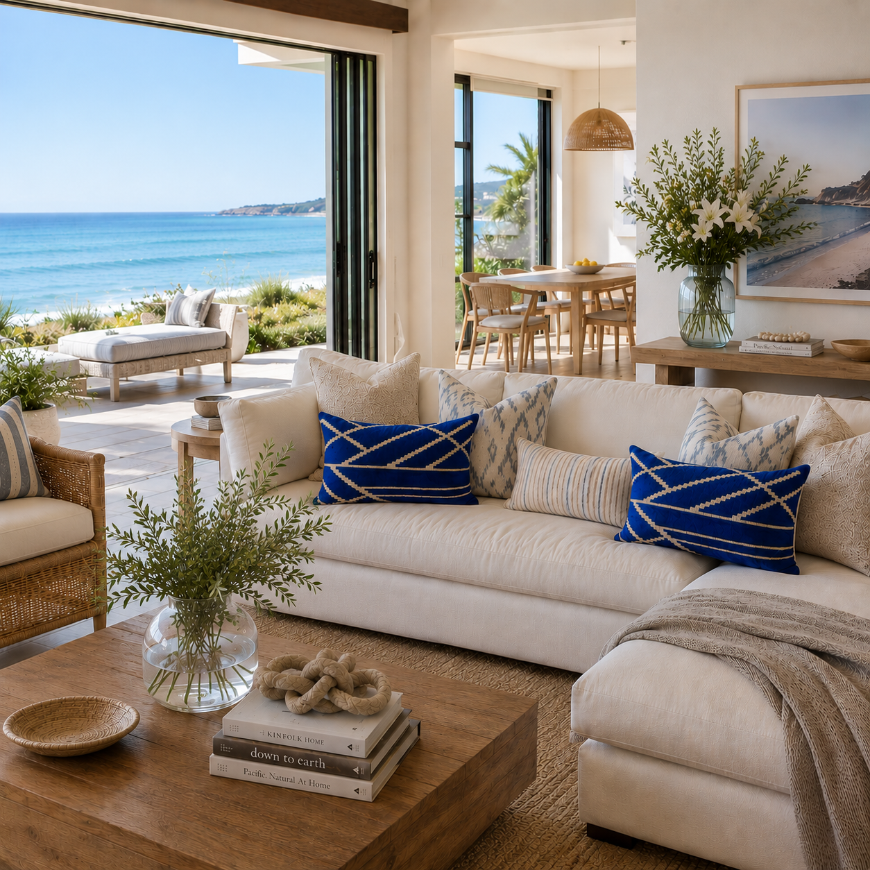 Blue silk velvet lumbar pillows with ivory geometric pattern styled on a cream sofa in a luxury coastal living room, featuring ocean views, natural light and elegant seaside home decor.