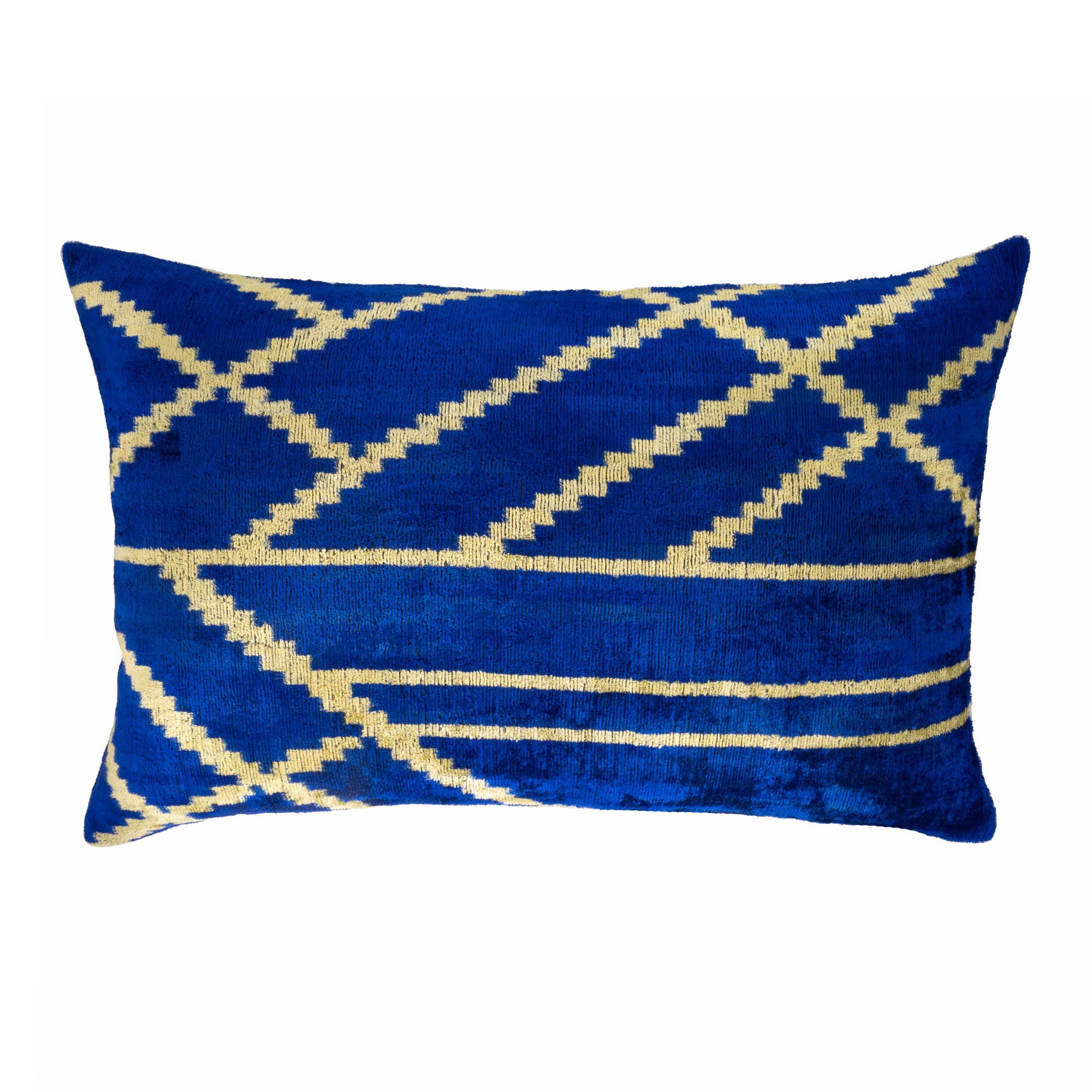 Chouchou Touch luxury pillow cover in vibrant blue silk velvet with traditional ikat pattern.