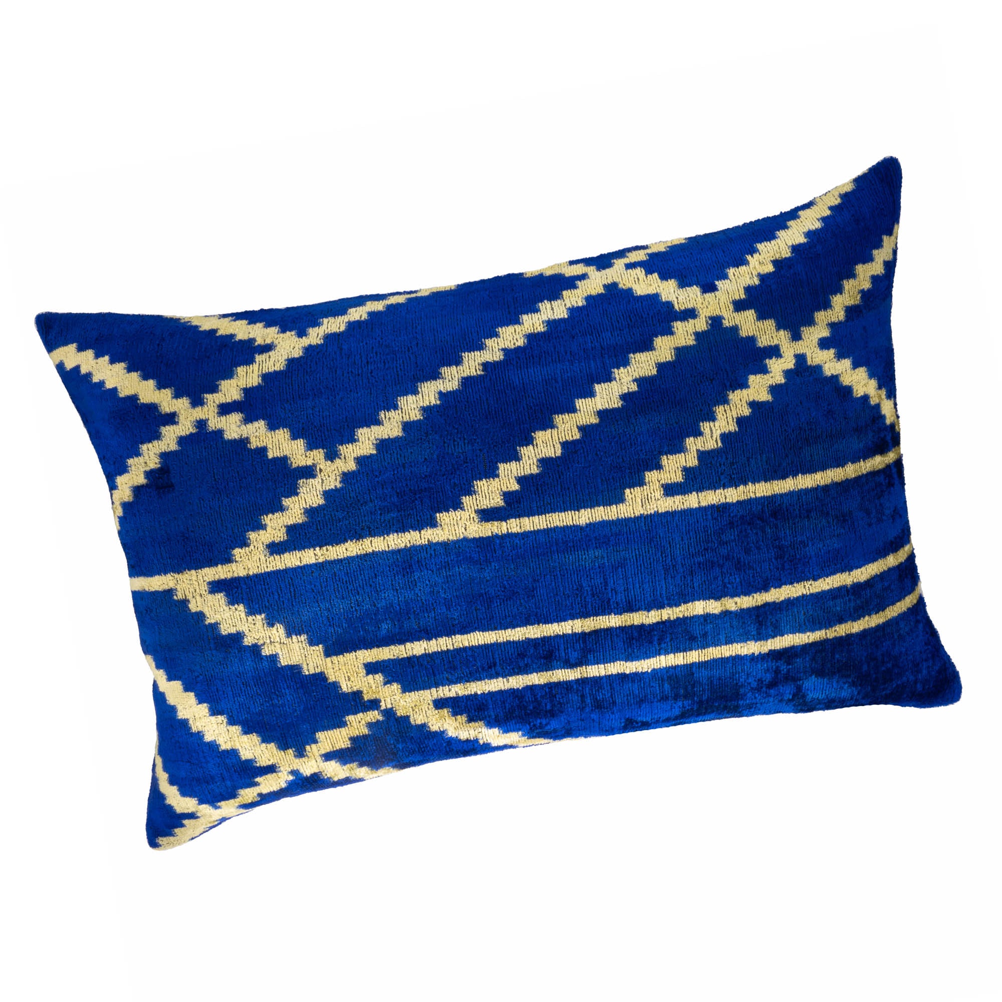 Modern blue and yellow ikat pillow cover in pure silk velvet, 16 by 24 inches.