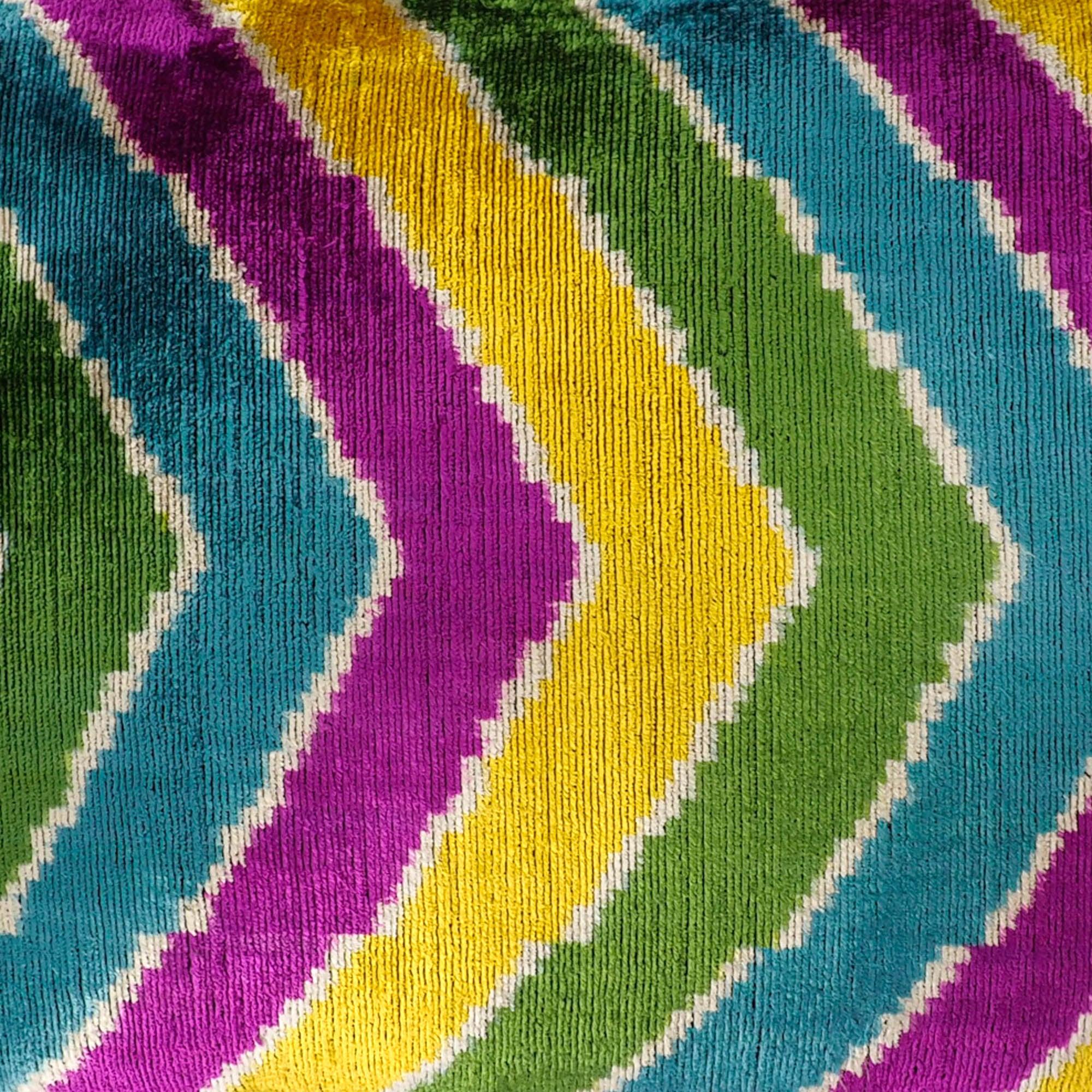 Copacabana Silk Velvet Ikat Throw Pillow Cover, 16 x 24, handwoven in pure silk, combining vibrant Ikat designs with luxurious velvet texture for a statement piece.