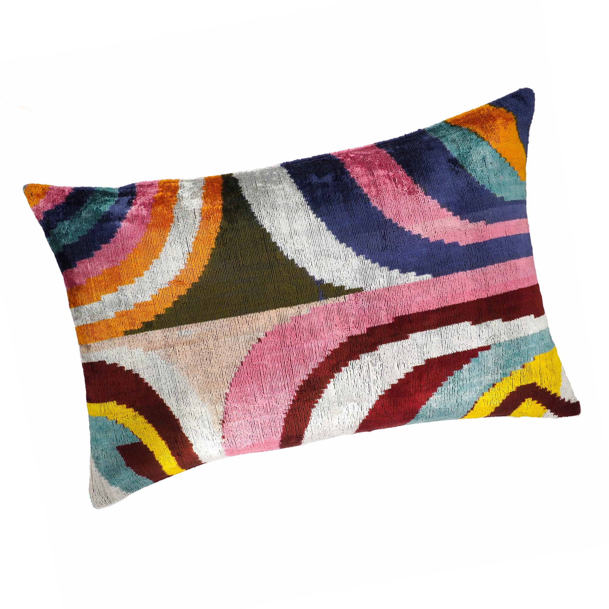 Chouchou Touch Dandy Silk Velvet Ikat Pillow, 16 x 24, a premium silk velvet pillow with vibrant Ikat patterns that bring a touch of sophistication to your decor.