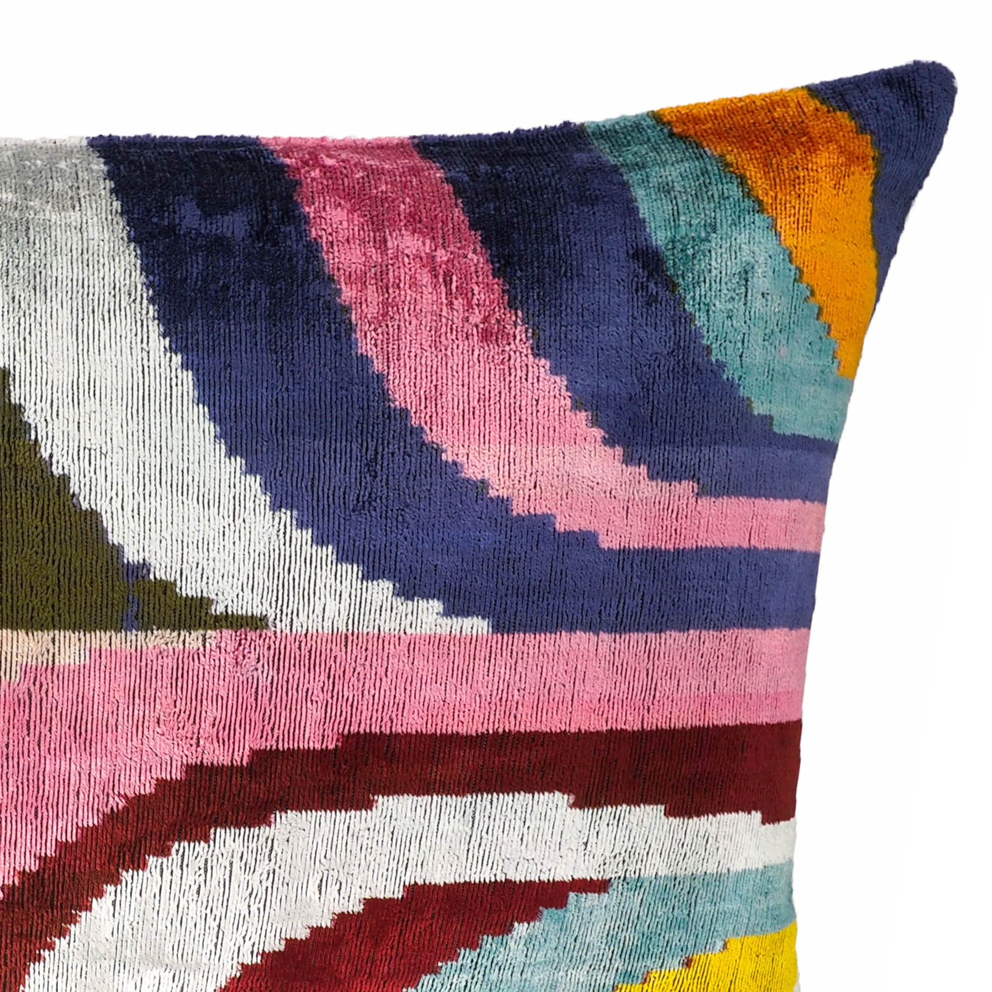 Dandy Silk Velvet Ikat Throw Pillow, 16 x 24, handcrafted with pure silk and an eye-catching Ikat design, perfect for enhancing your home’s aesthetic.