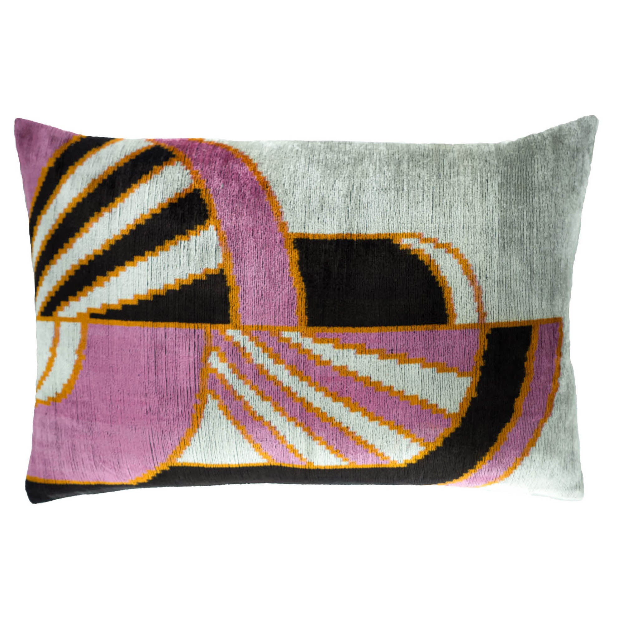 Chouchou Touch Deco Silk Velvet Ikat Throw Pillow, 16" x 24", featuring bold geometric patterns in pink, black, and gold.