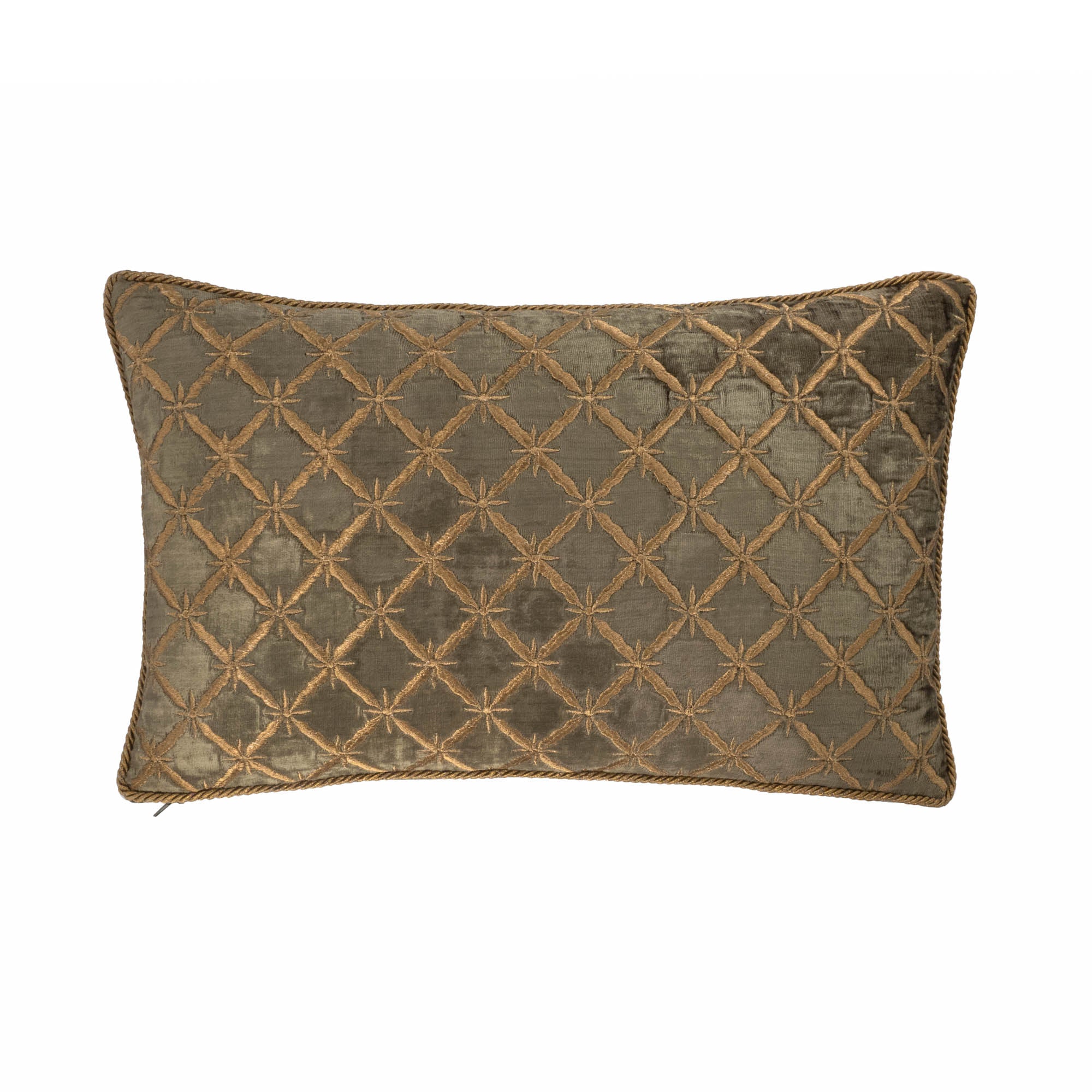 Diamond Silk Velvet Throw Pillow Cover by Chouchou Touch, 12x20 inches in green with gold embroidery.