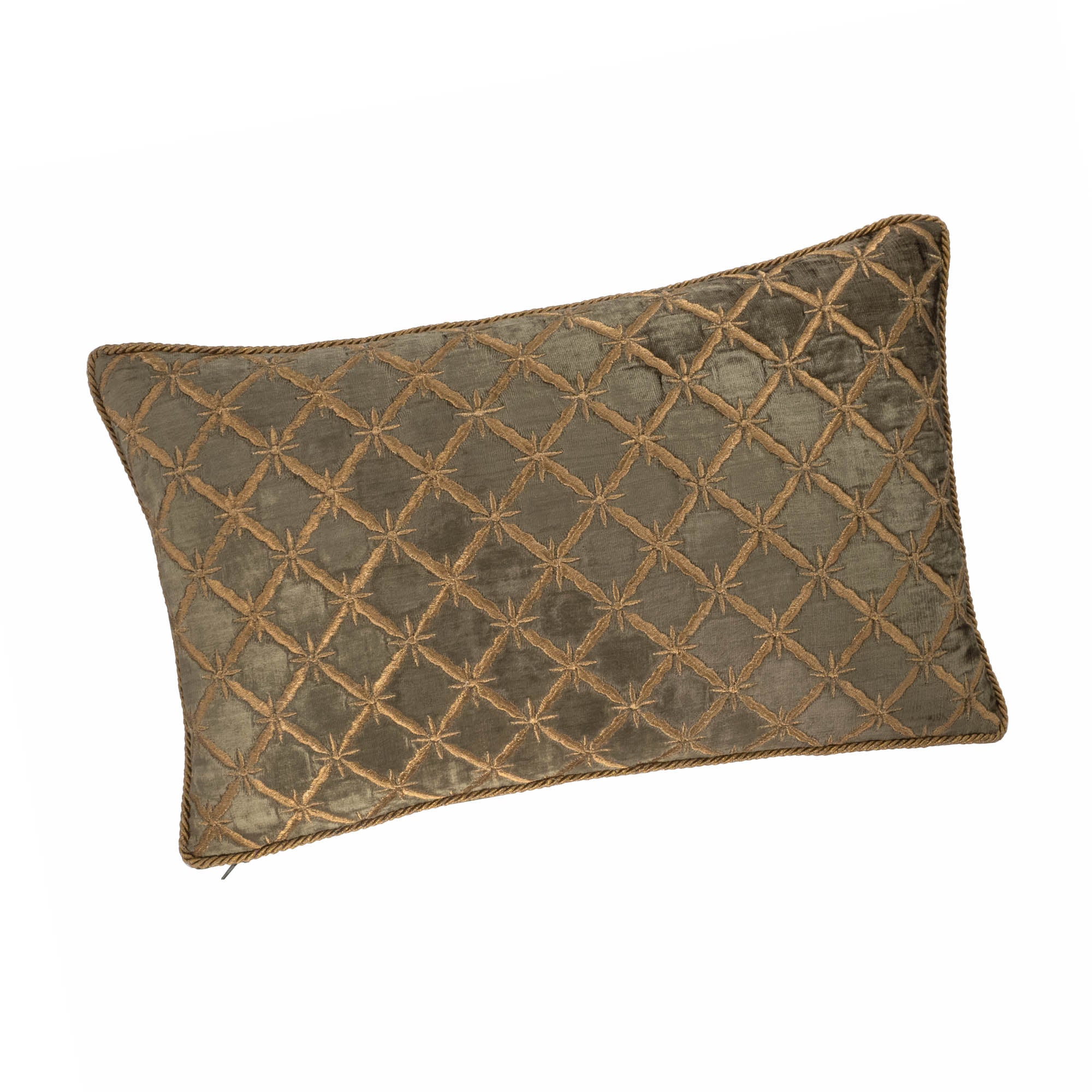 Rectangular green silk velvet pillow cover with allover diamond and star embroidery.