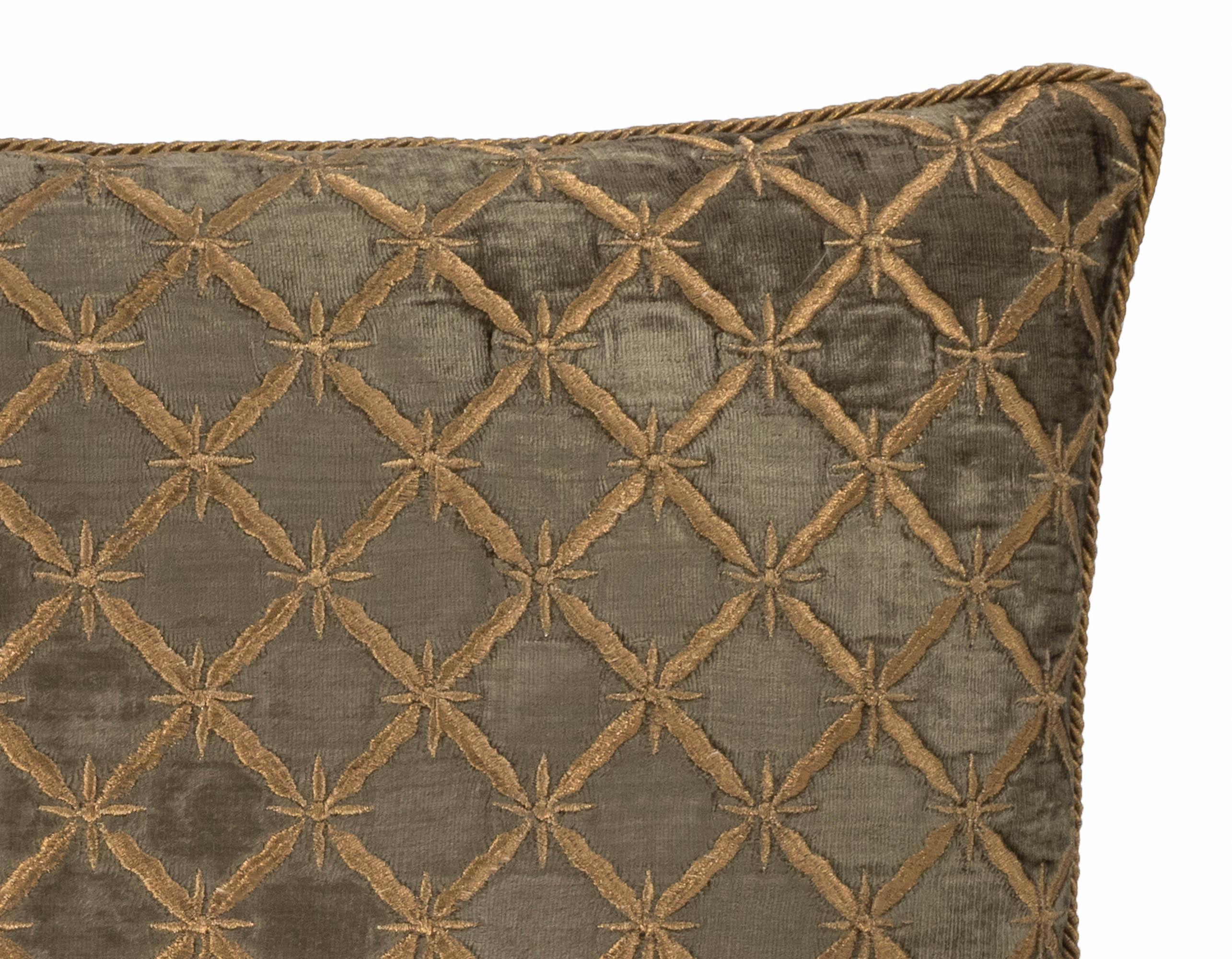 Luxury green silk velvet throw pillow with gold geometric embroidery lattice design and rope trim.