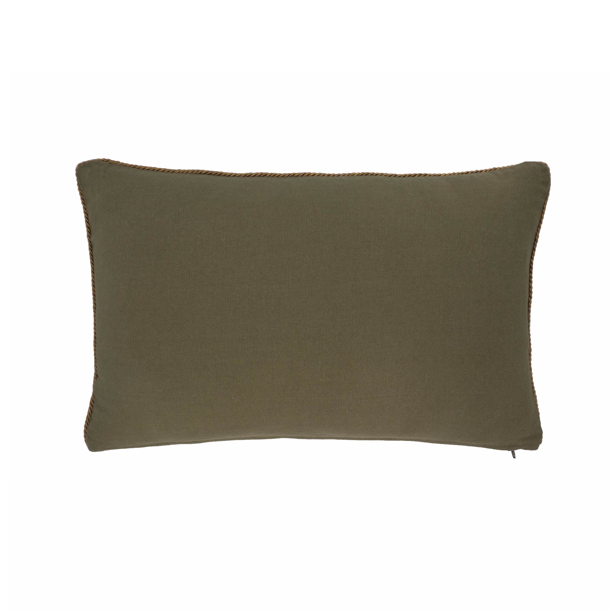 Back side view of olive green silk pillow cover with soft cotton back and hidden zipper by ChouChou Touch