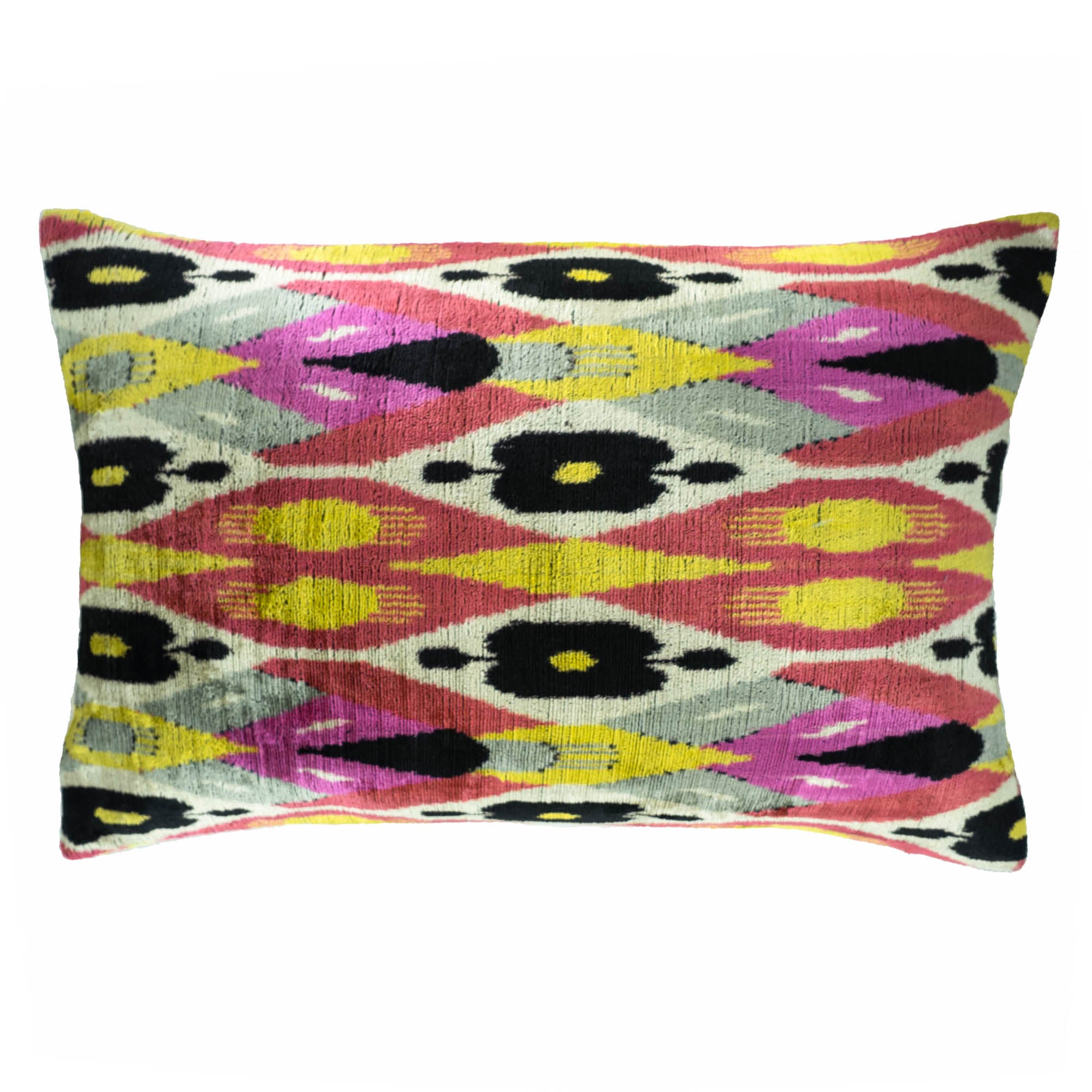 Chouchou Touch Euphora Silk Velvet Ikat Throw Pillow, 16" x 24", featuring a vibrant multicolor pattern with yellow, pink, and black accents.