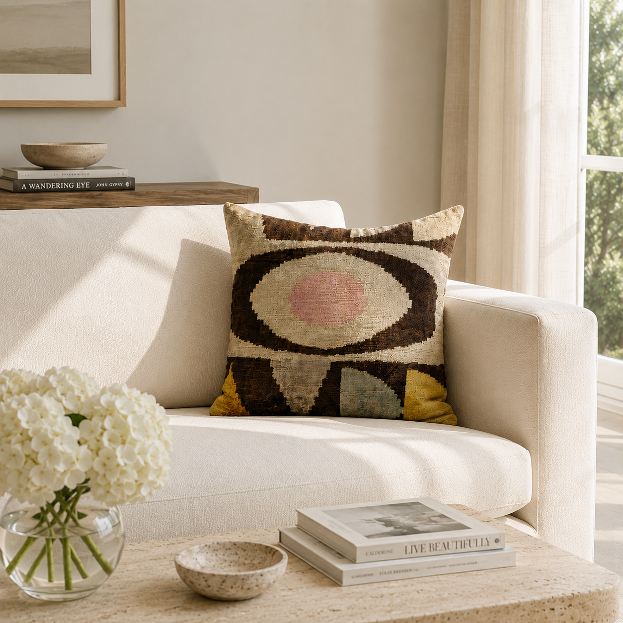 Luxury Eye of Ra silk velvet ikat throw pillow cover on a cream linen sofa in a bright editorial living room with modern neutral styling.