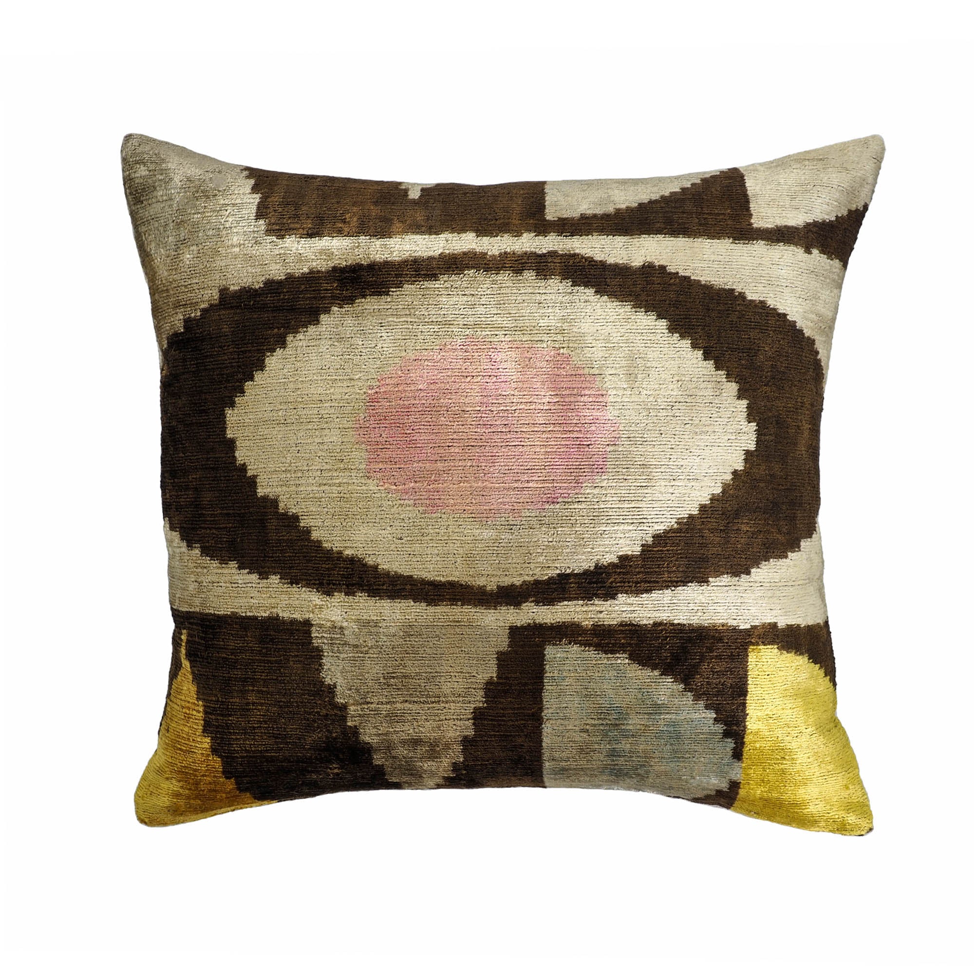 Chouchou Touch Eye of Ra 2 Silk Velvet Ikat Pillow Cover, 20 x 20, crafted from premium silk with vivid, hand-dyed Ikat patterns for a luxurious home accent.