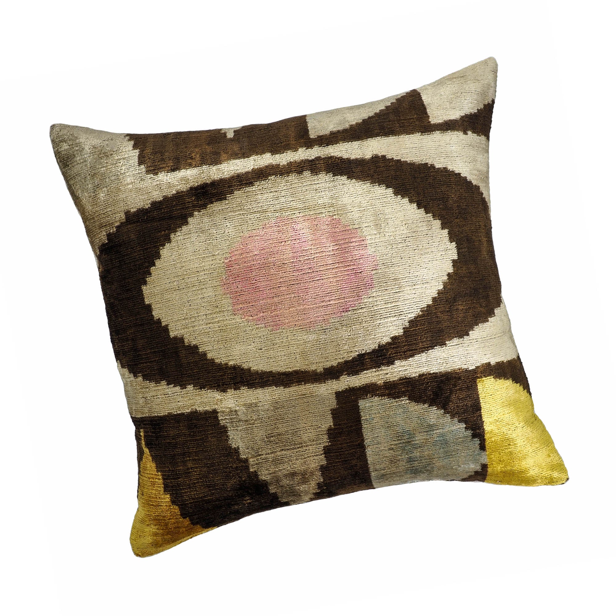 Elegant Eye of Ra 2 Silk Velvet Ikat Pillow Cover, 20 x 20, with intricate handwoven Ikat motifs, offering a lustrous and colorful decorative touch.