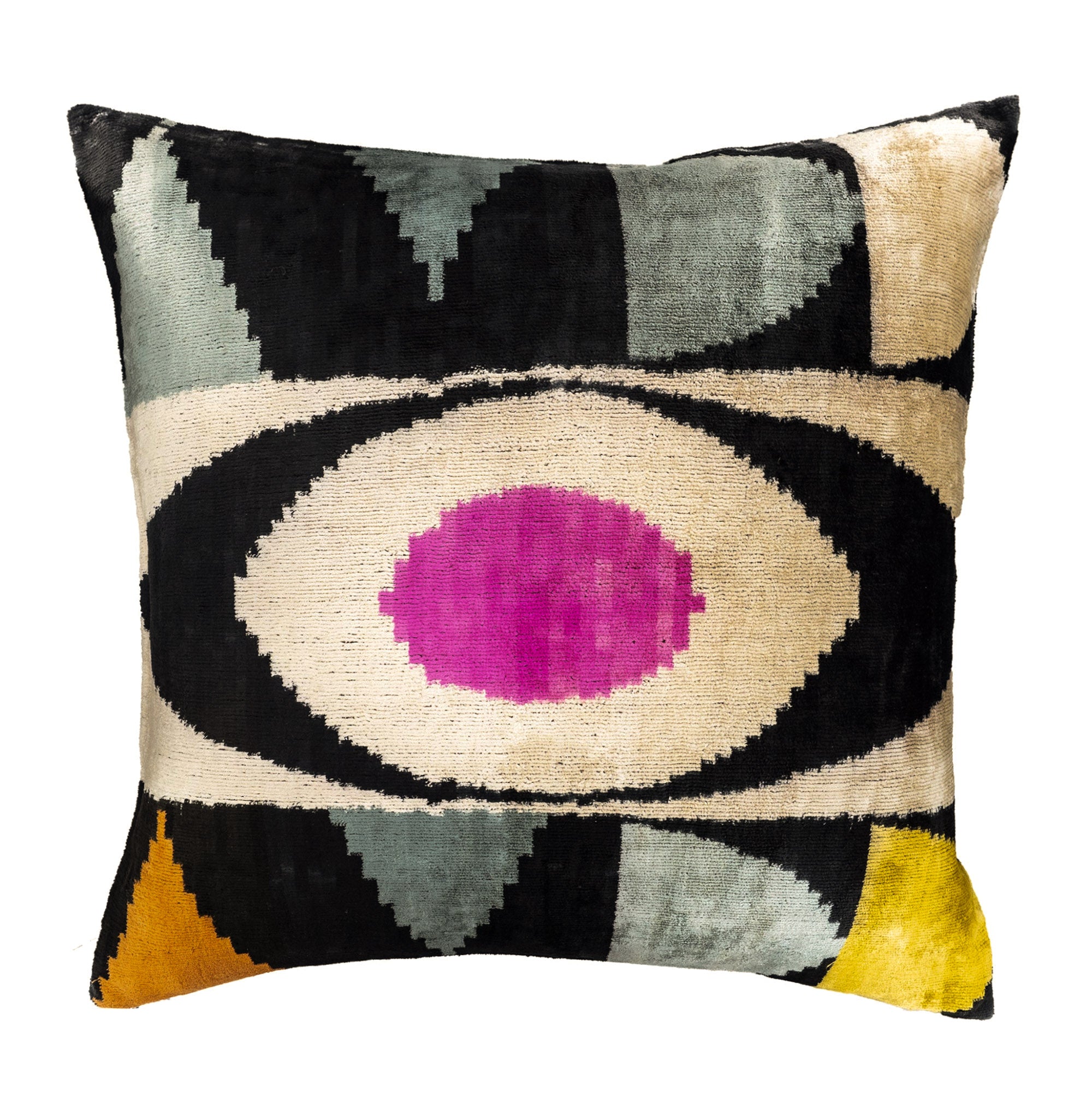 Eye of Ra silk velvet ikat pillow cover 20x20 with pink center and geometric pattern on natural background