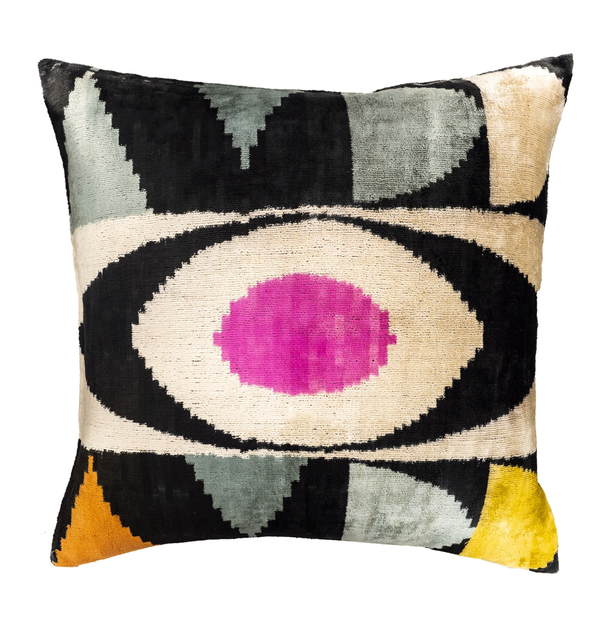 Eye of Ra silk velvet ikat pillow cover 20x20 with pink center and geometric pattern on white background