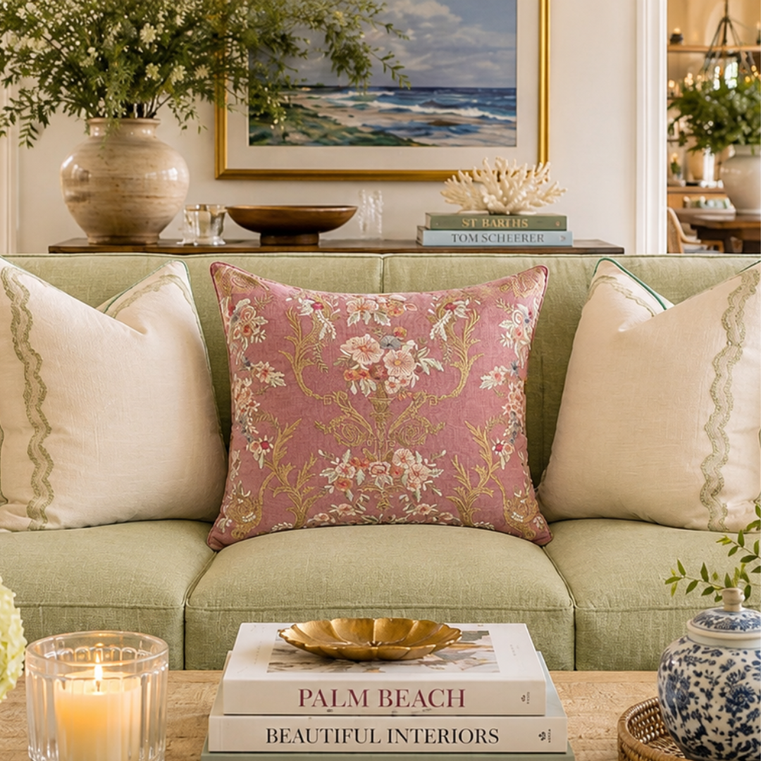 Handmade embroidered floral pillow styled on a green sofa with linen accent pillows, brass candle holders, and elegant European-inspired living room decor.