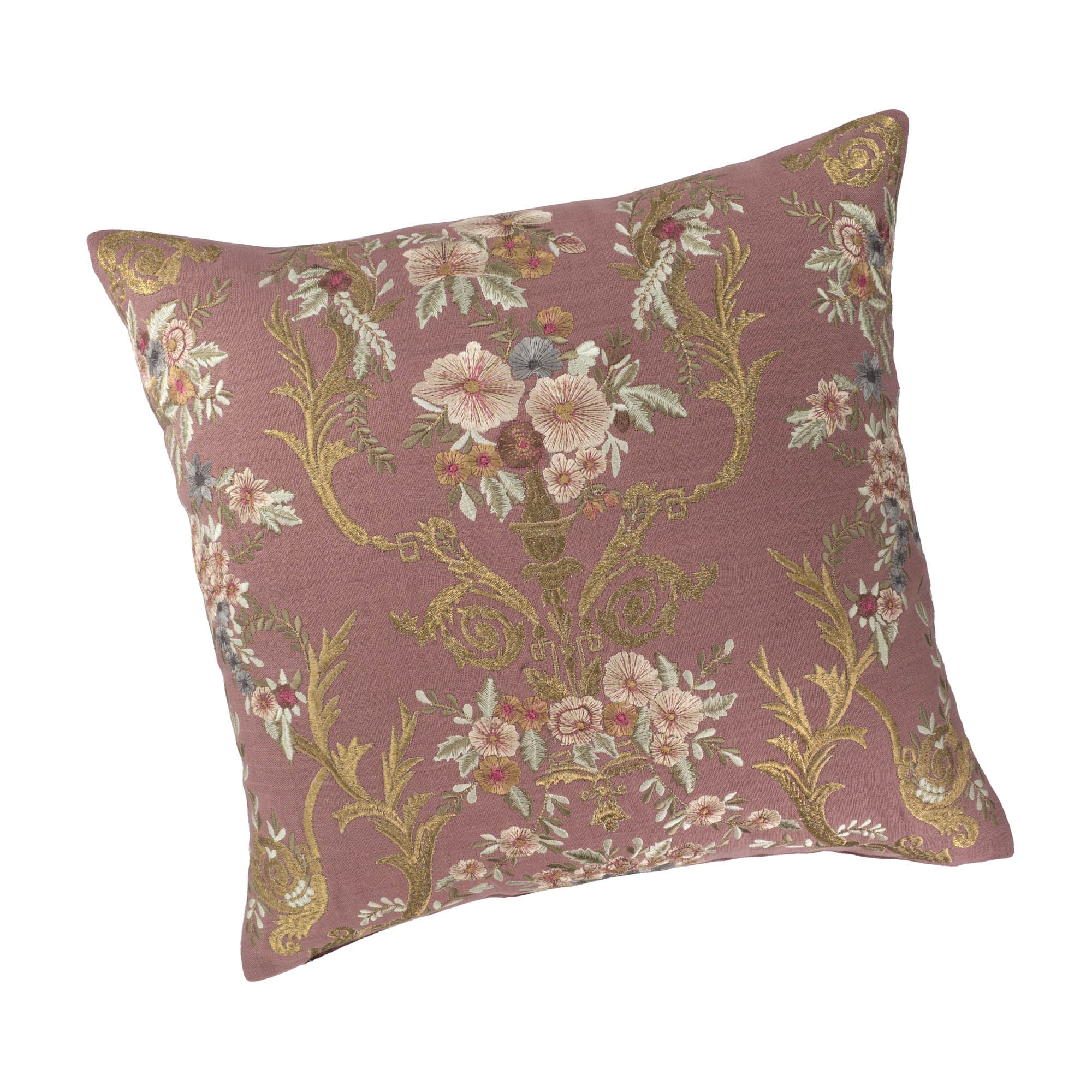 Hand-embroidered floral linen pillow cover with silk and metallic thread detailing.