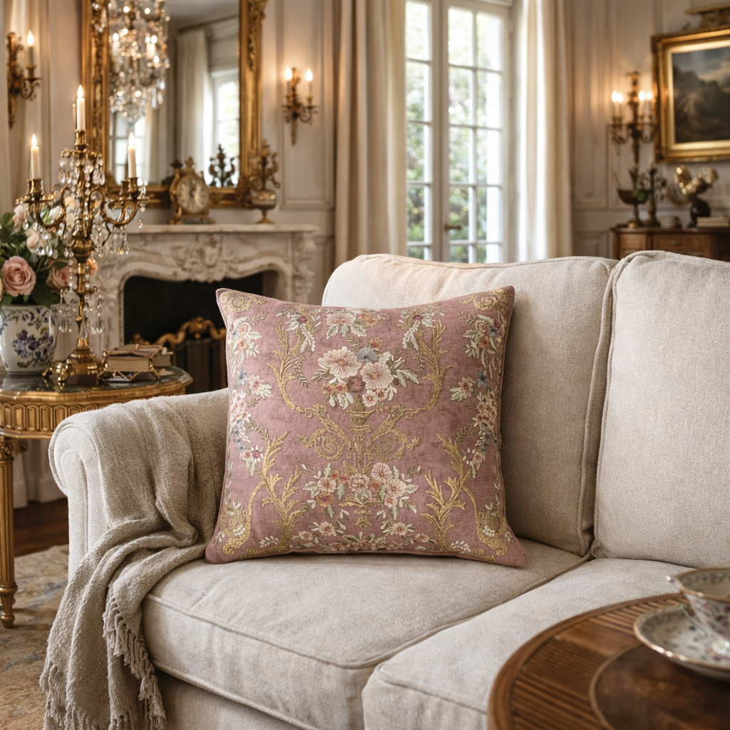 Blush pink embroidered throw pillow with floral motif styled on a beige sofa in an elegant French style living room