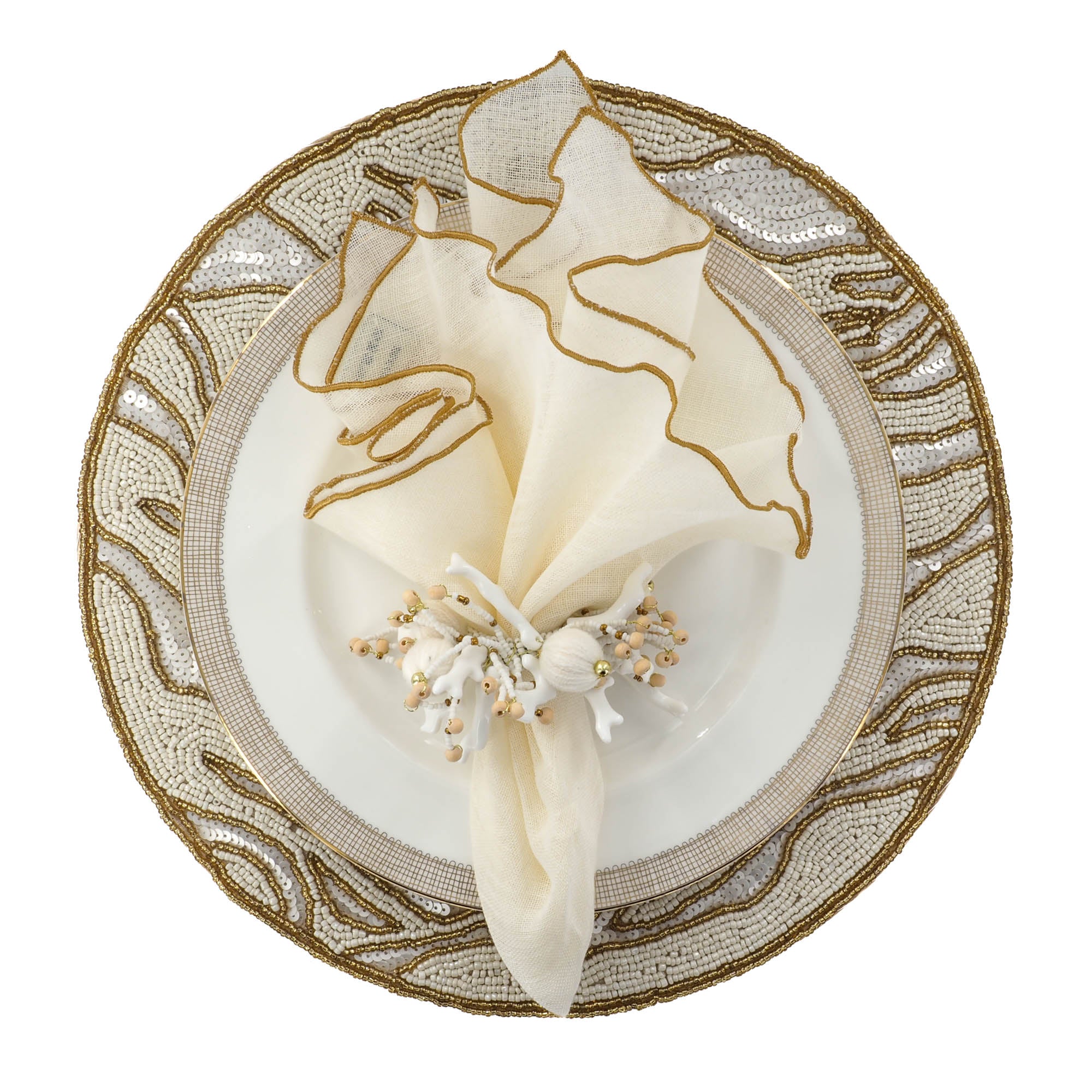 Handmade gold and ivory glass beaded placemat styled with ruffled edges ivory linen napkin on a white background by ChouChou Touch