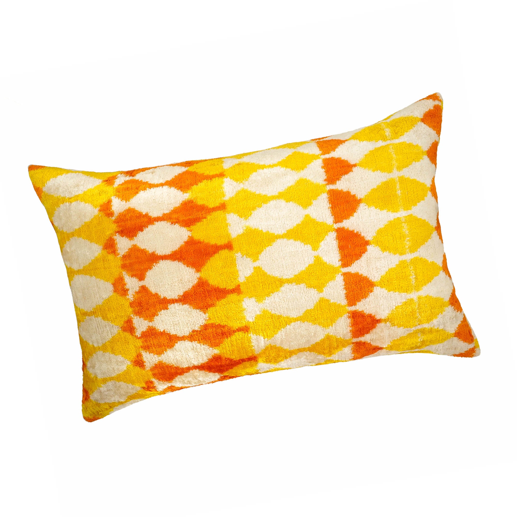 Handmade Giallo Silk Velvet Ikat Pillow Cover, 16 x 24, with vibrant yellow tones and exquisite Ikat patterns, perfect for adding luxury to your living space.