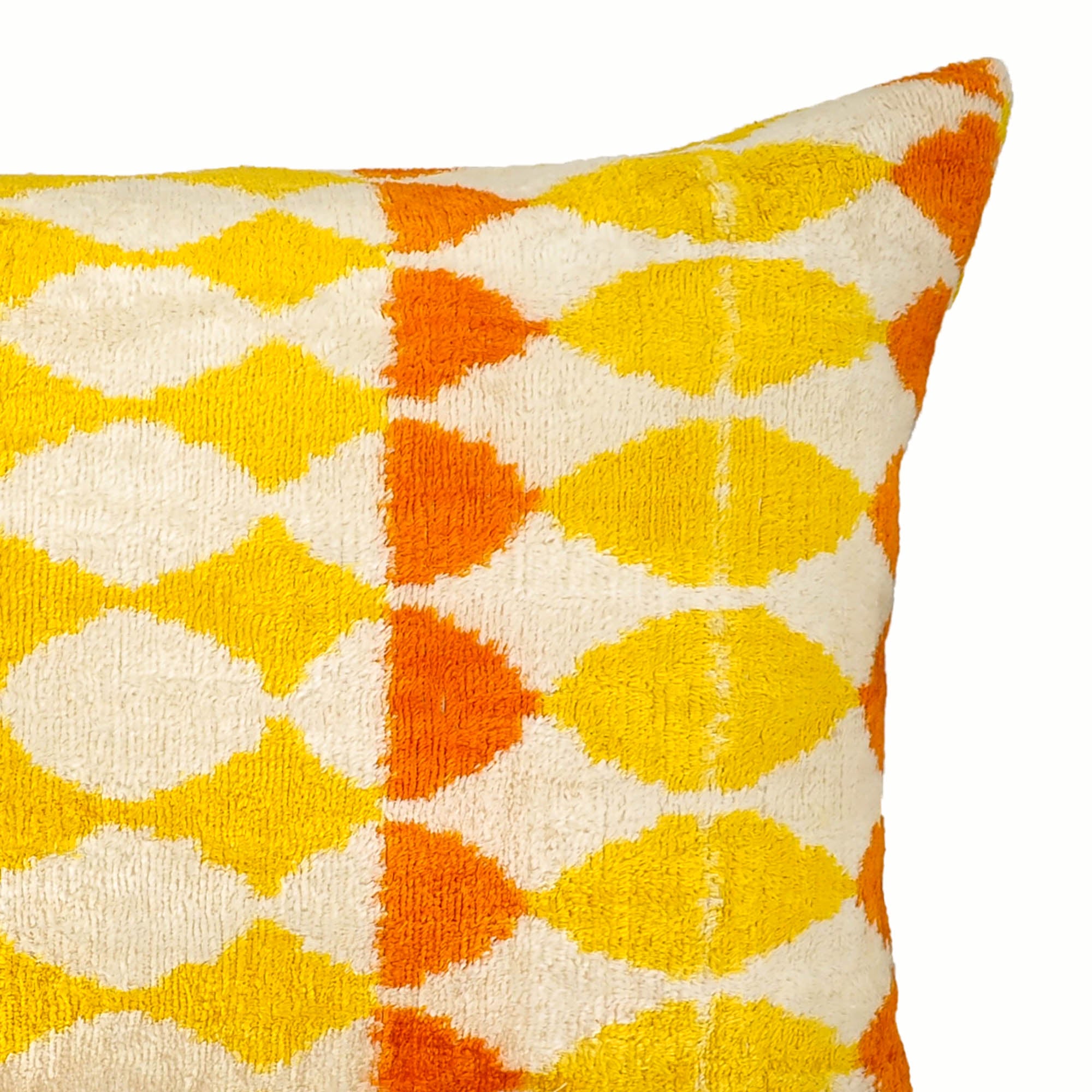Chouchou Touch Giallo Ikat Throw Pillow Cover, 16 x 24, combining traditional tie-dye Ikat technique with modern silk velvet for a rich, sophisticated feel.