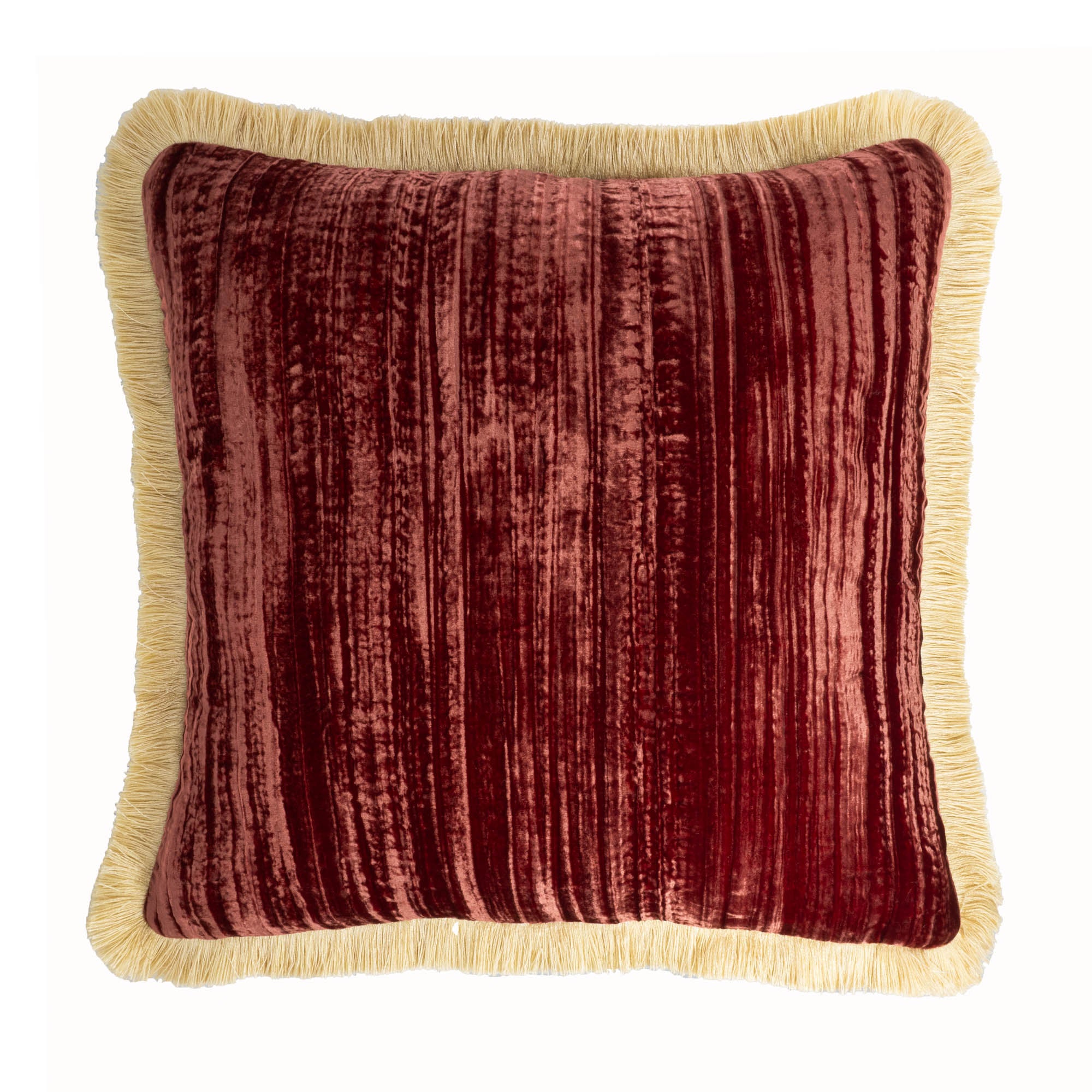 Double-sided red silk velvet pillow cover with striking gold fringes, crafted for timeless elegance.