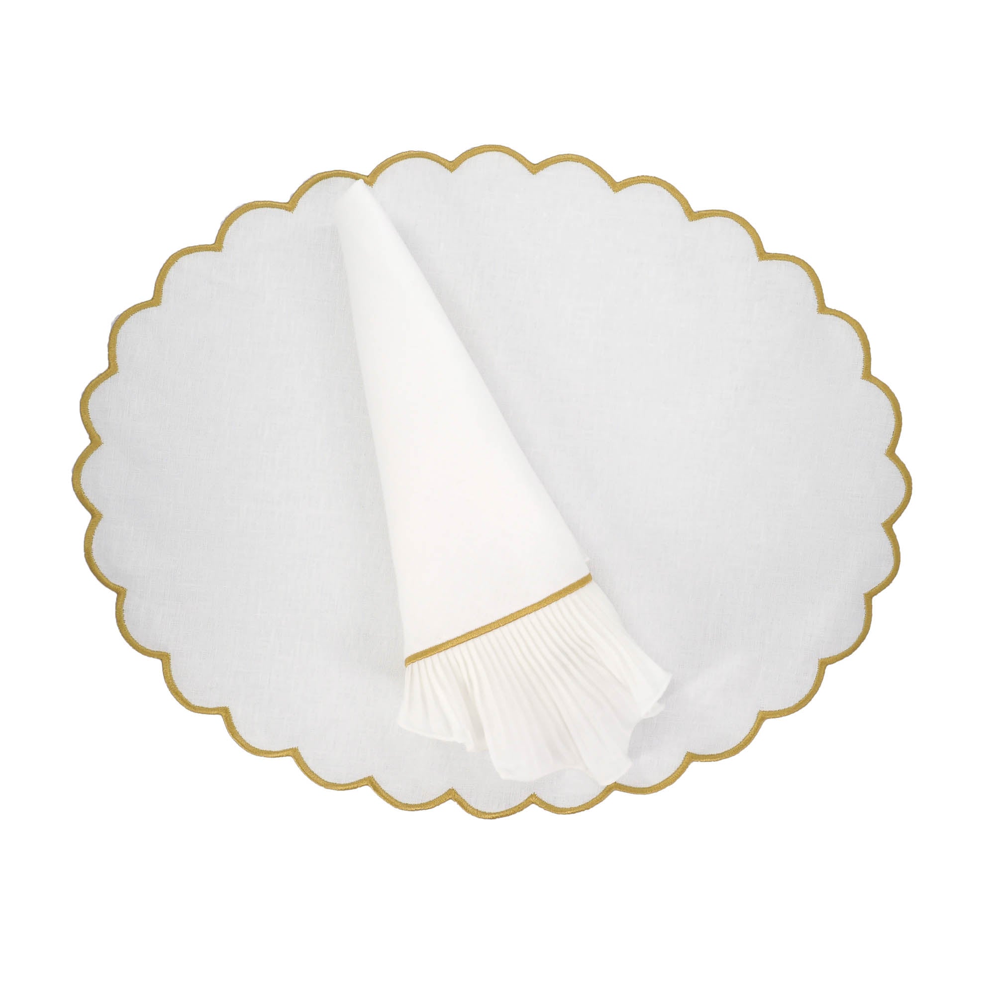 Set of 4 gold linen placemats with scalloped edges, handmade for sophisticated dining, ideal for both formal and casual occasions.