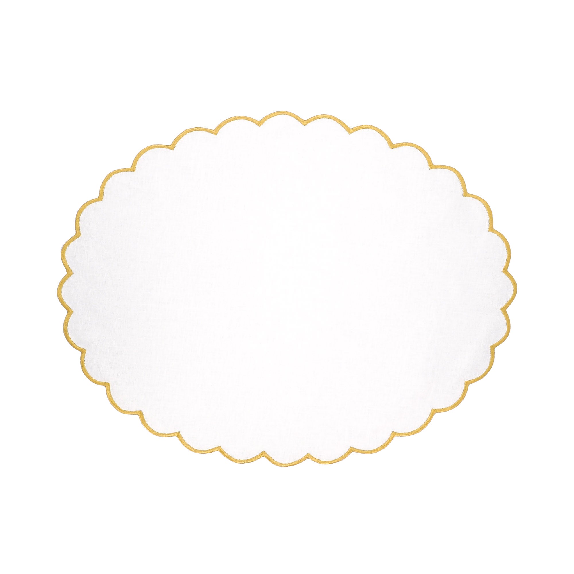 ChouChou Touch gold linen scalloped placemats, set of 4, handcrafted with gold stitch edges for an elegant table setting.