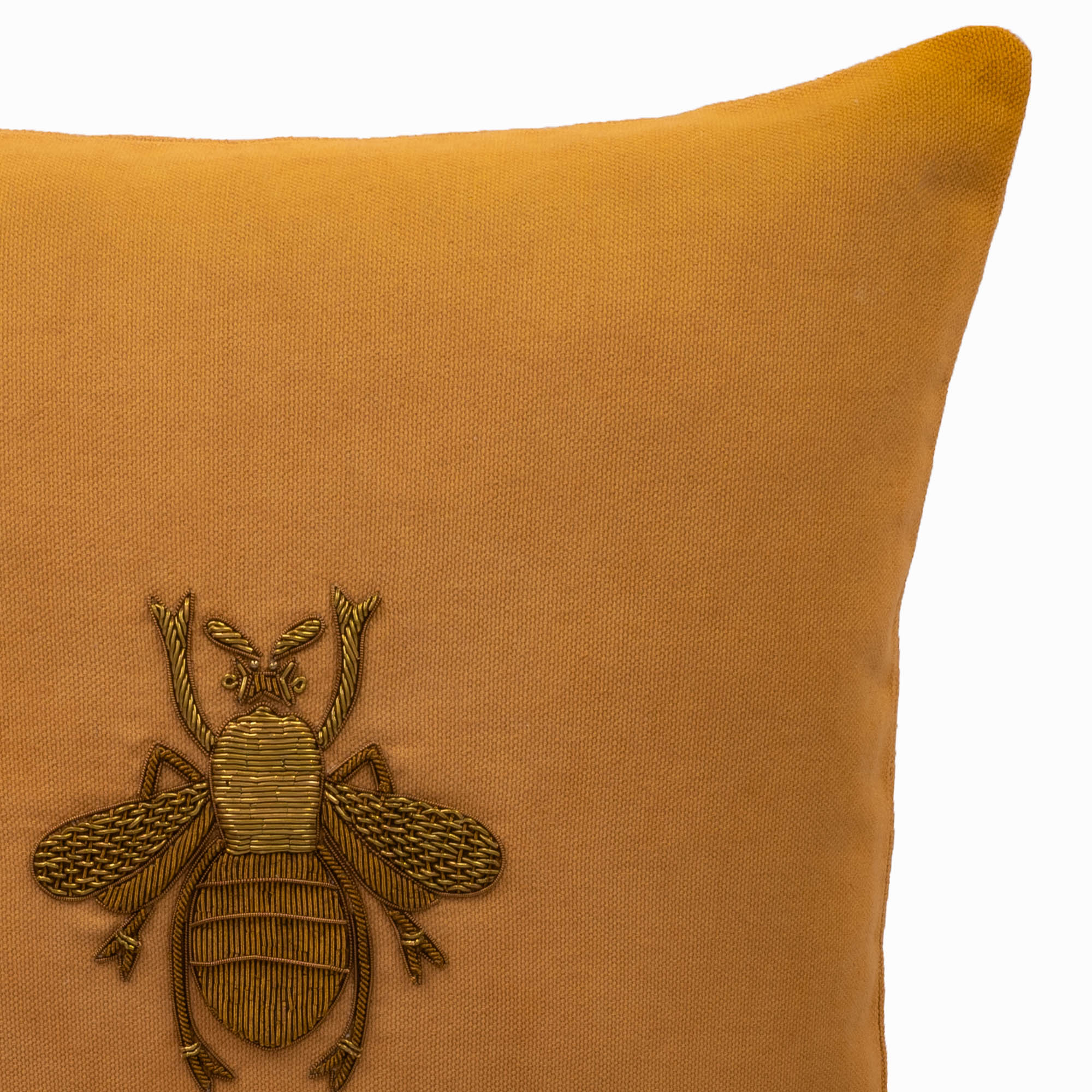 Handcrafted Golden Bee Cotton Throw Pillow Cover, 12" x 12", with intricate gold metal embroidery, ideal for a luxurious touch.