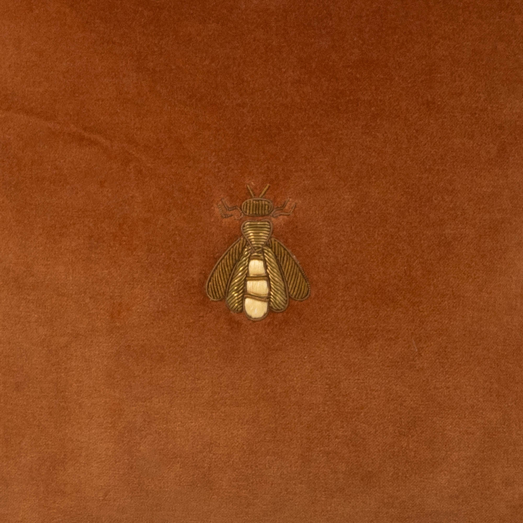 Chouchou Touch 12" x 12" Golden Bee Pillow, gold silk velvet with hand-embroidered golden bees, perfect for sophisticated home styling.