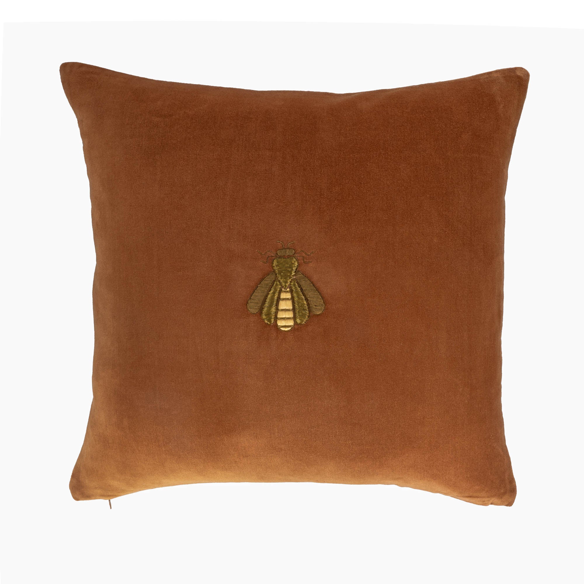 Golden Bee Velvet Throw Pillow Cover with orange fabric and central gold bee embroidery, 20x20 inches.