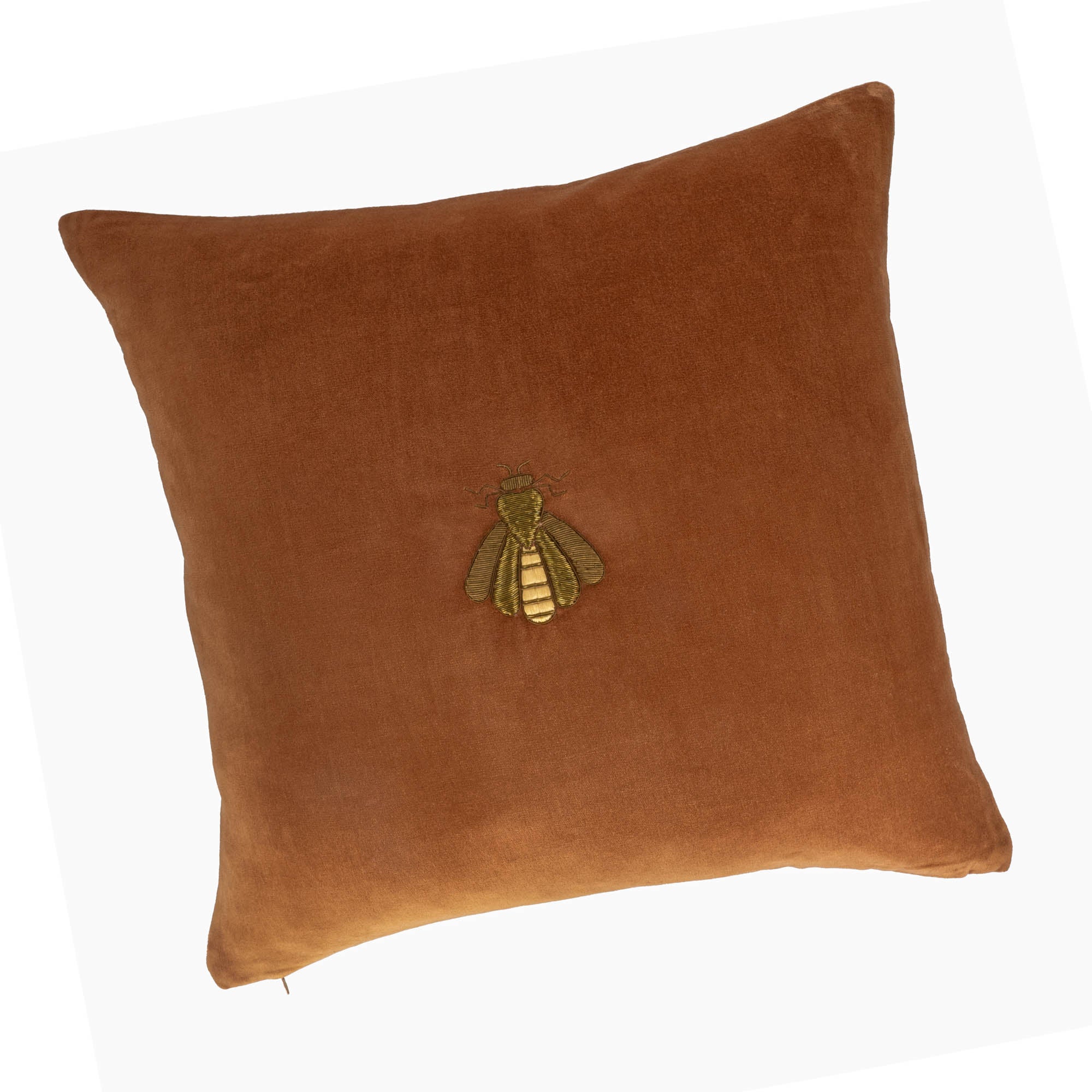 Handcrafted orange velvet pillow cover featuring metallic embroidered bee and floral motif.