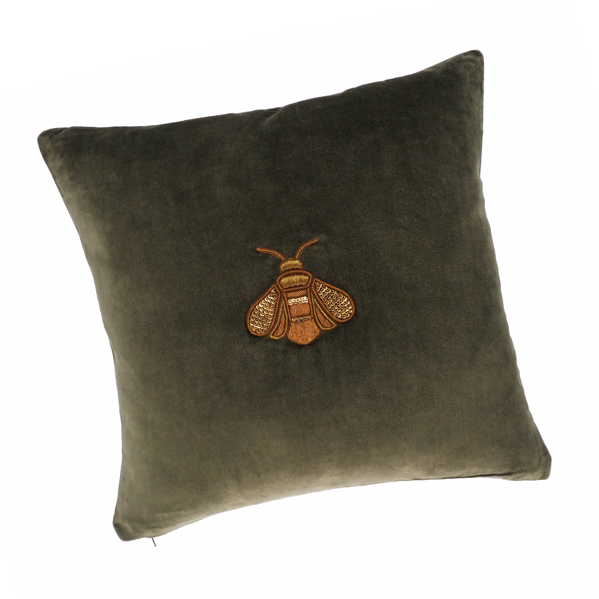 Square velvet cushion in moss green with detailed golden bee embroidery.
