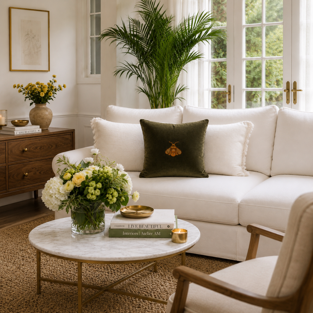 Green velvet bee embroidered throw pillow on a white sofa, luxury accent pillow styled in an elegant living room with fresh flowers and timeless home decor