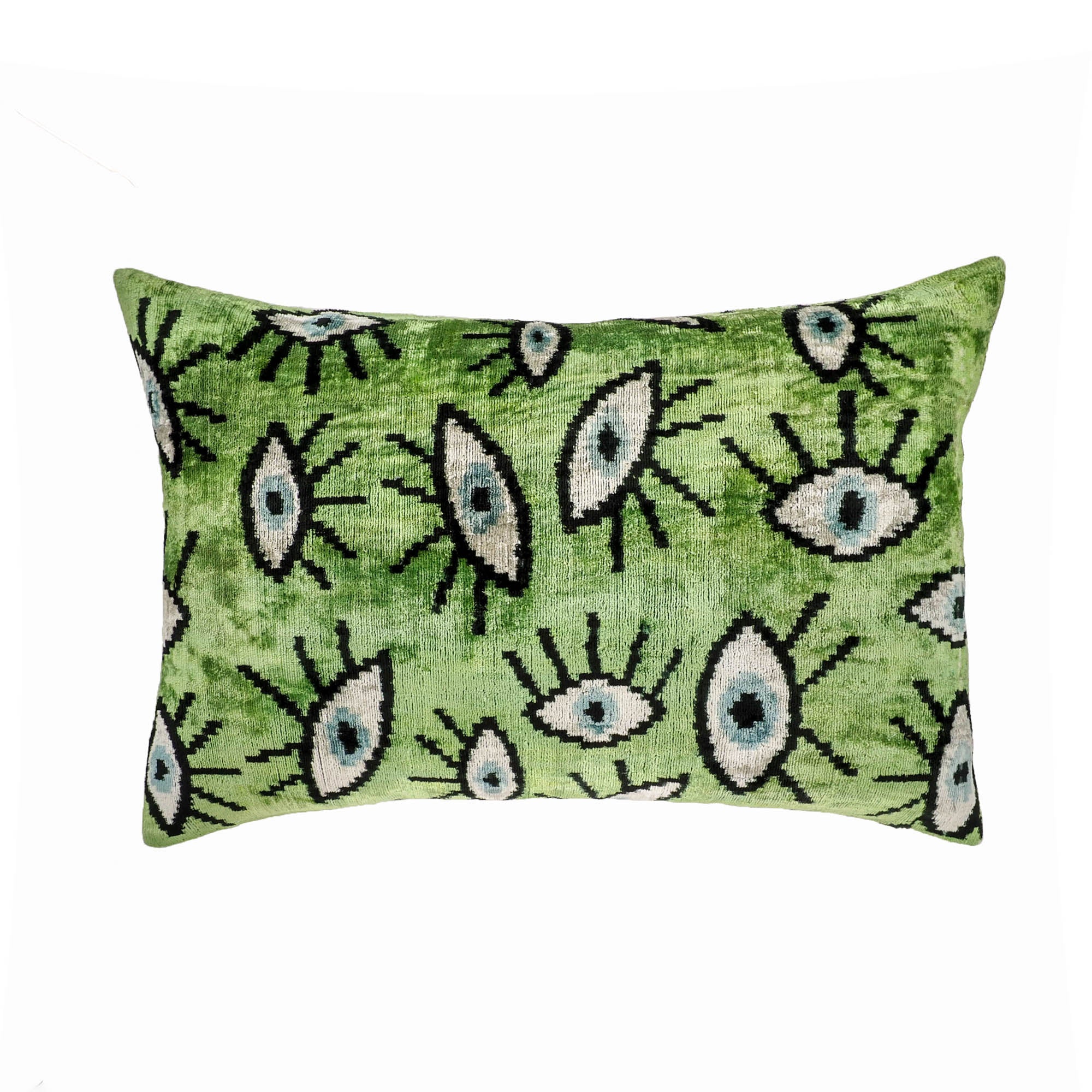 Green Eyes Silk Velvet Ikat Throw Pillow Cover, 16 x 24, made from 100% silk velvet with bold green Ikat designs, adding a colorful and tactile accent to your home decor.