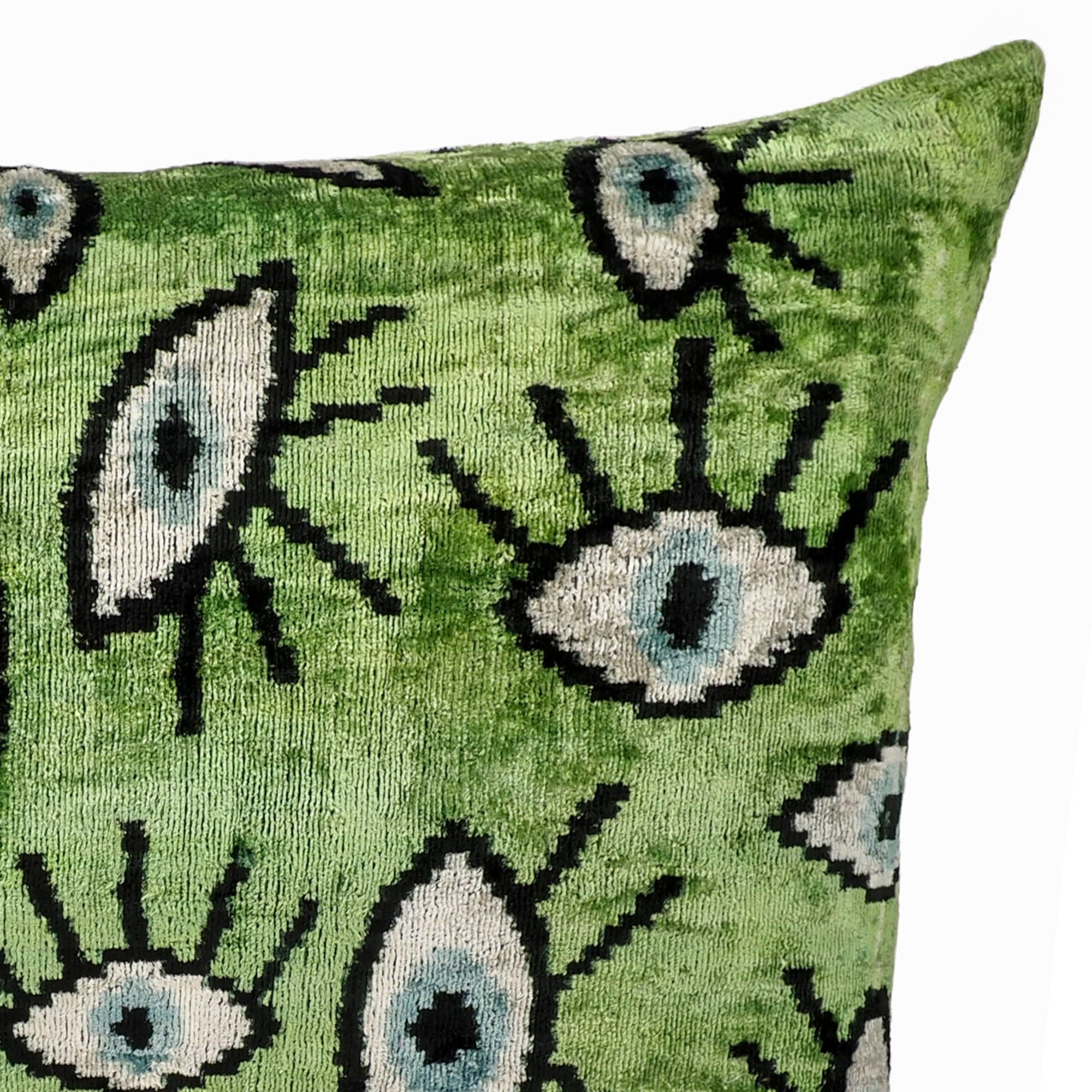 Green Eyes Silk Velvet Ikat Throw Pillow Cover, 16 x 24, with vivid green Ikat patterns on high-quality silk velvet, designed to bring both elegance and warmth to your living space.