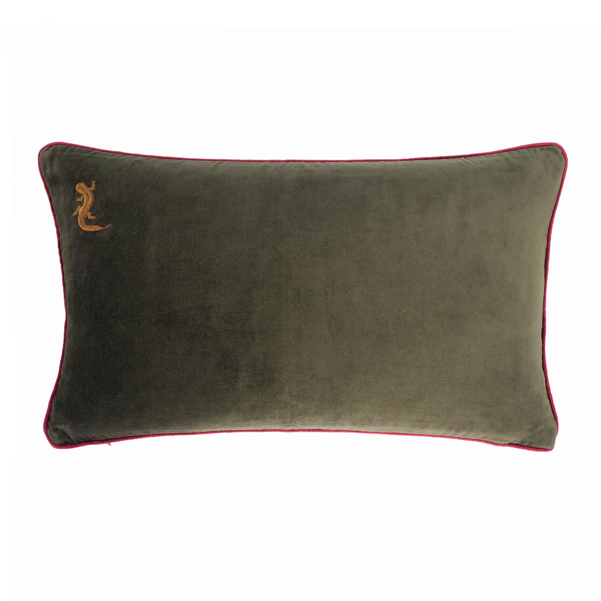 Green velvet lumbar pillow cover with gold embroidered gecko by Chouchou Touch.