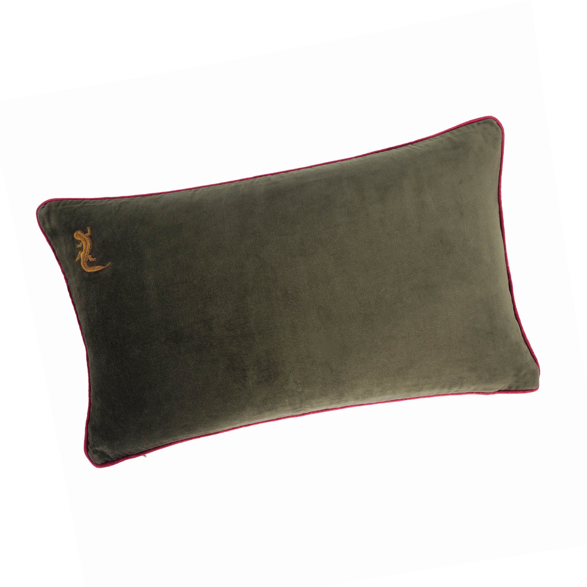 Chouchou Touch decorative green velvet pillow featuring golden lizard embroidery.