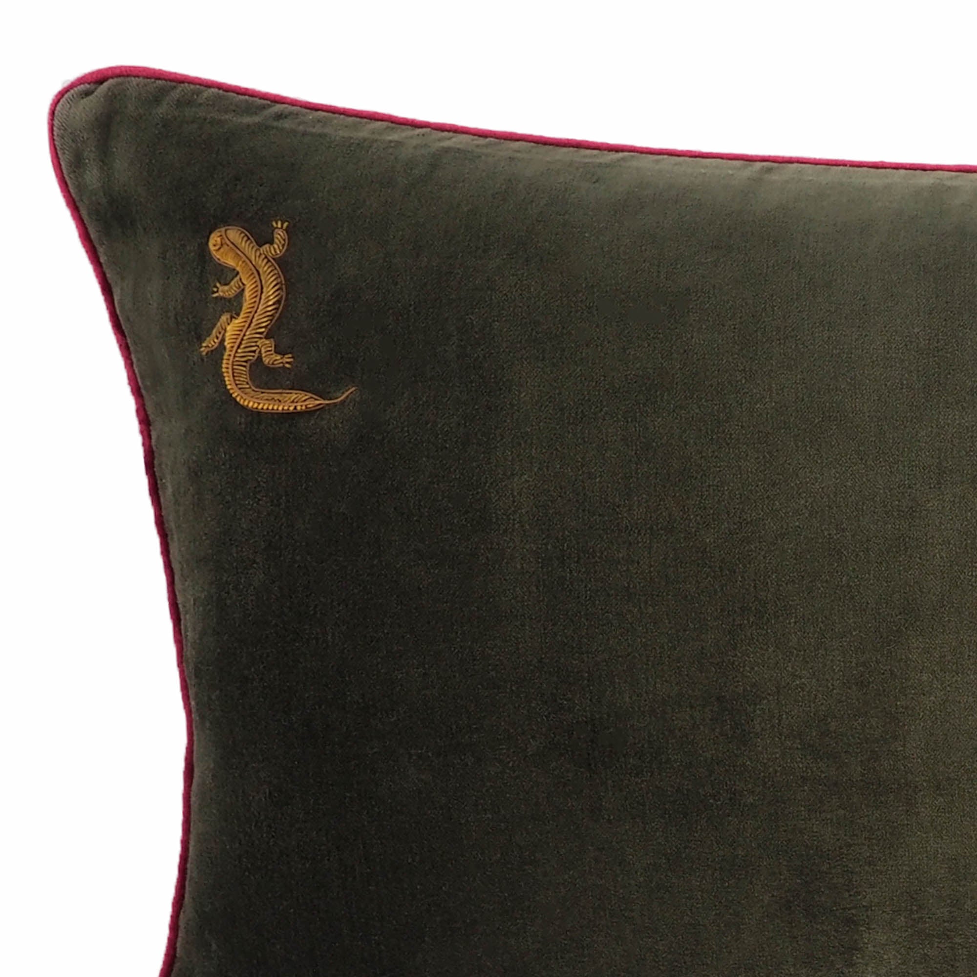 Luxurious rectangular green throw pillow cover with hand-embroidered gecko motif.