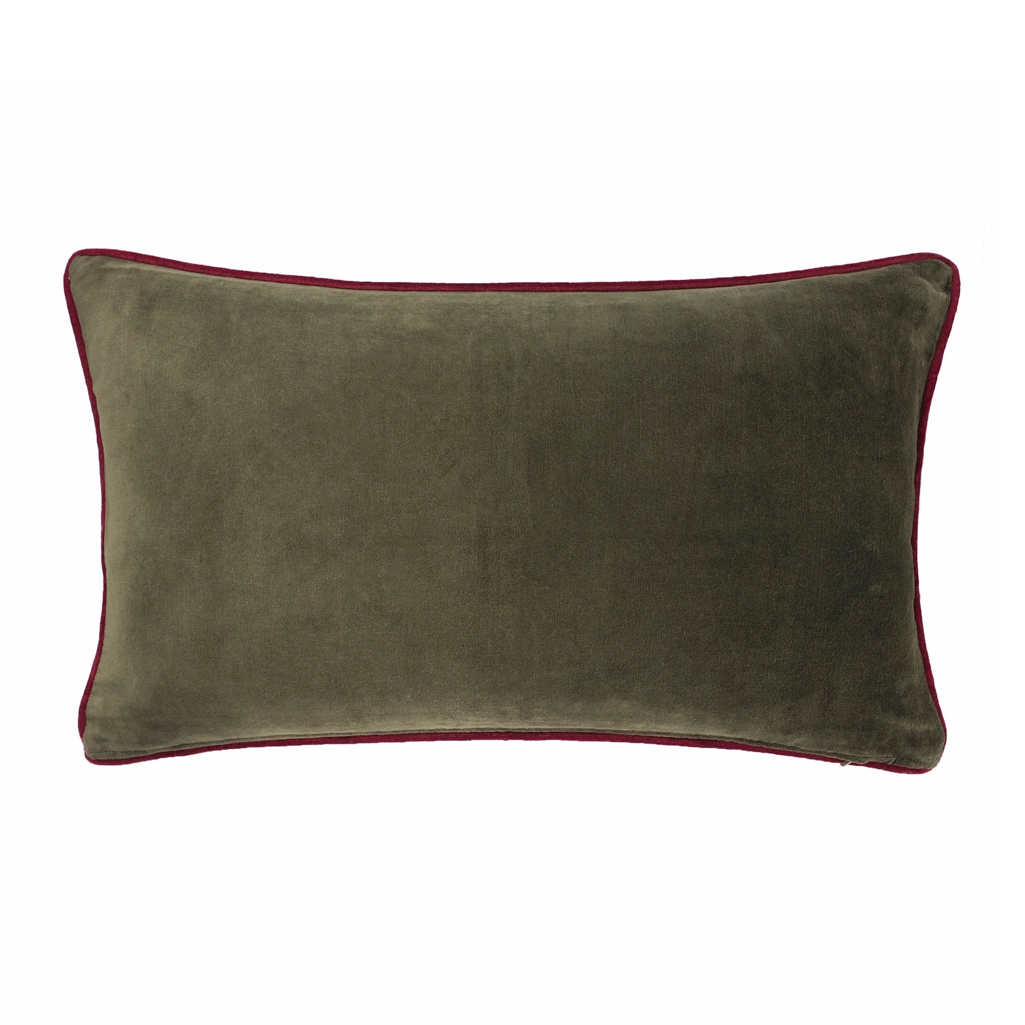 Olive green velvet cushion cover with gold metal embroidered gecko in the corner.