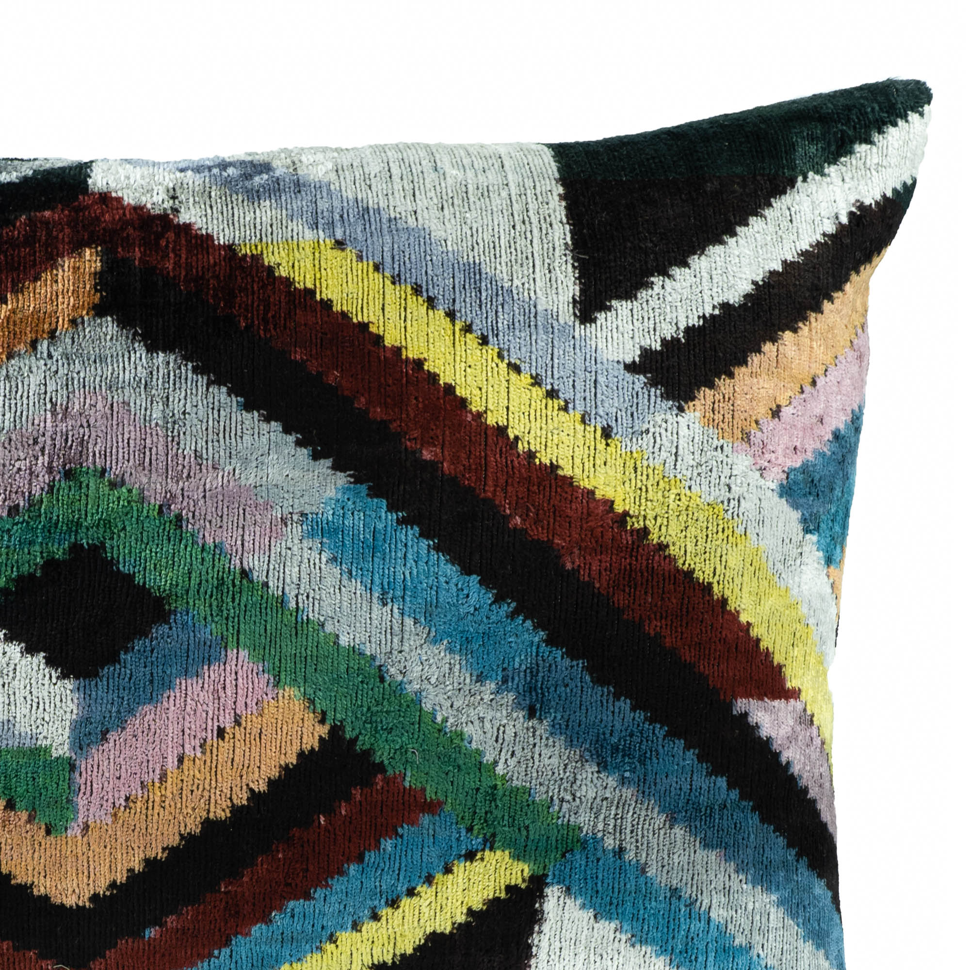 Luxurious Chouchou Touch silk velvet throw pillow featuring bold multicolor geometric patterns, ideal for a striking home accent.