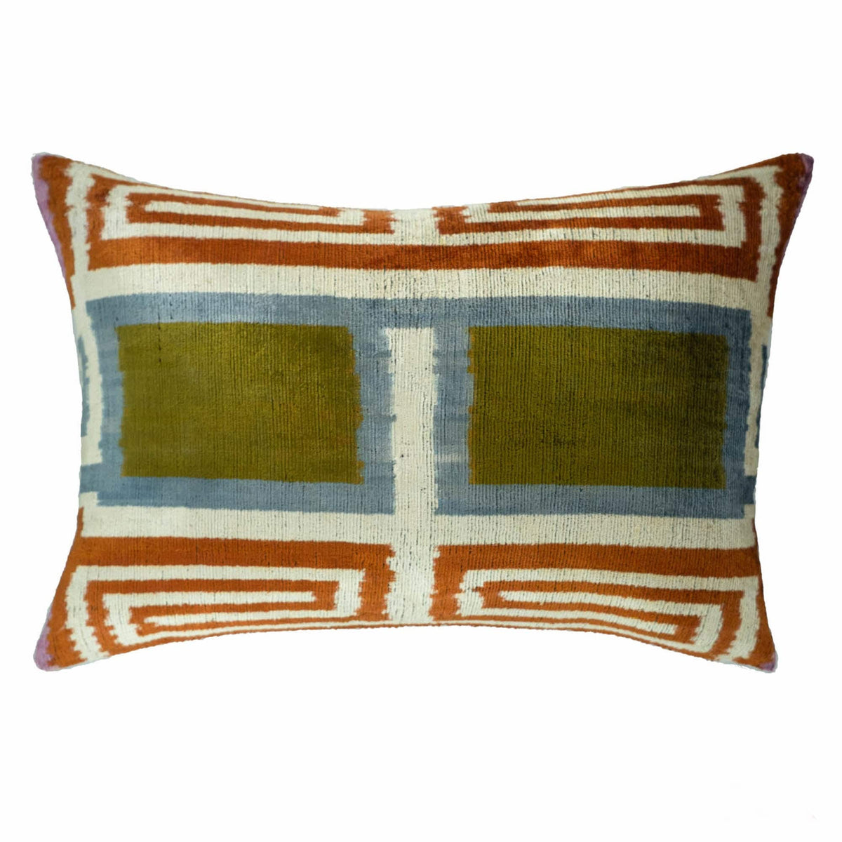 Luxury silk velvet ikat lumbar pillow cover with olive green panels and rust geometric borders.
