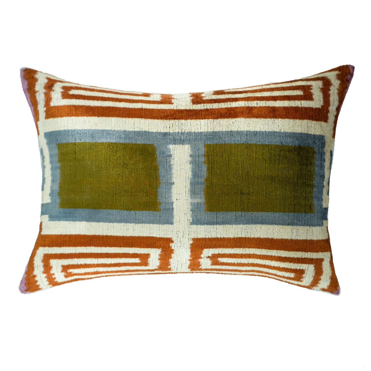 Soho Light silk velvet ikat lumbar pillow cover featuring olive green, soft blue, and rust geometric pattern, size 16x24 inches.