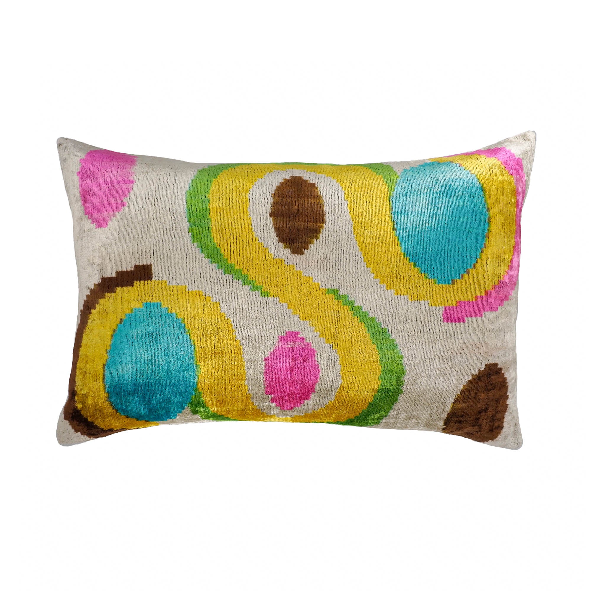 Infinity pattern silk velvet throw pillow cover with bright yellow, teal, pink, and brown ikat design.