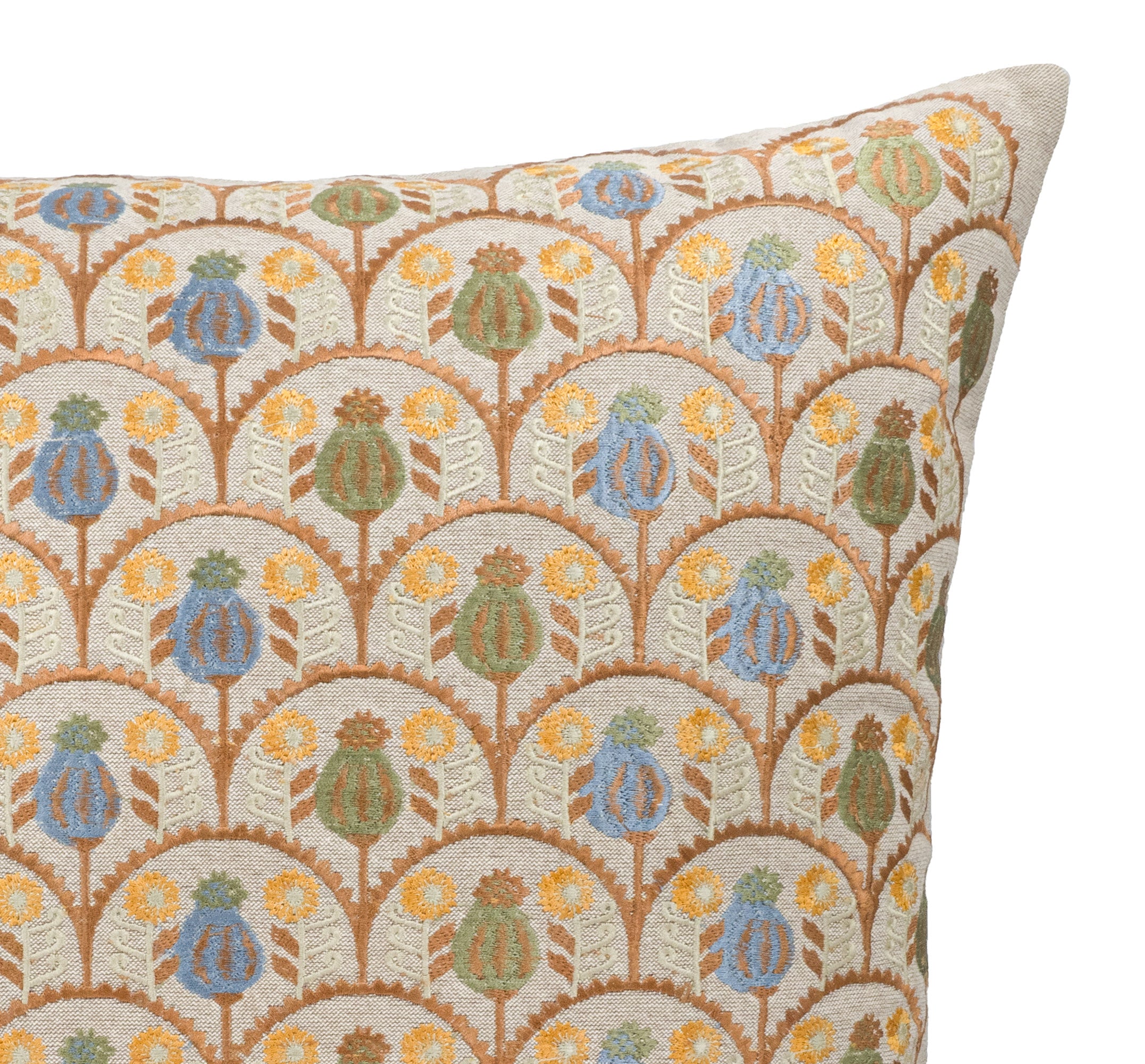 Artisan-crafted linen throw pillow cover with repeating floral embroidery in warm terracotta, blue and ivory shades by ChouChou Touch