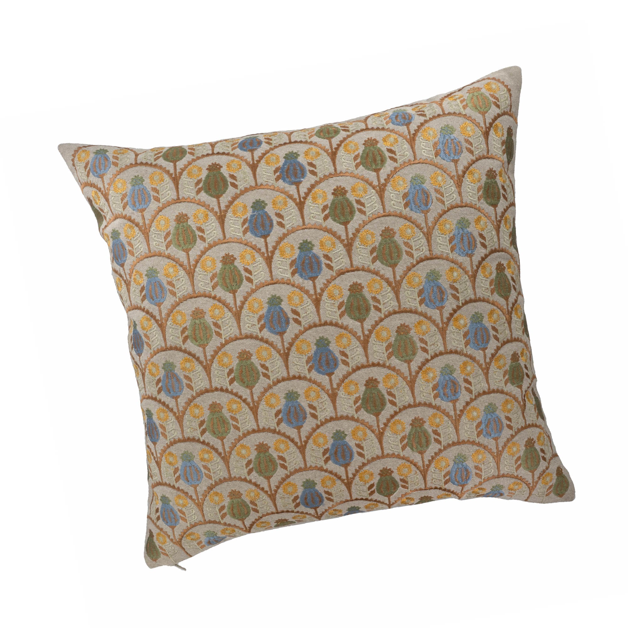 Hand-embroidered linen throw pillow featuring silk floral motifs in earth tones and blue.