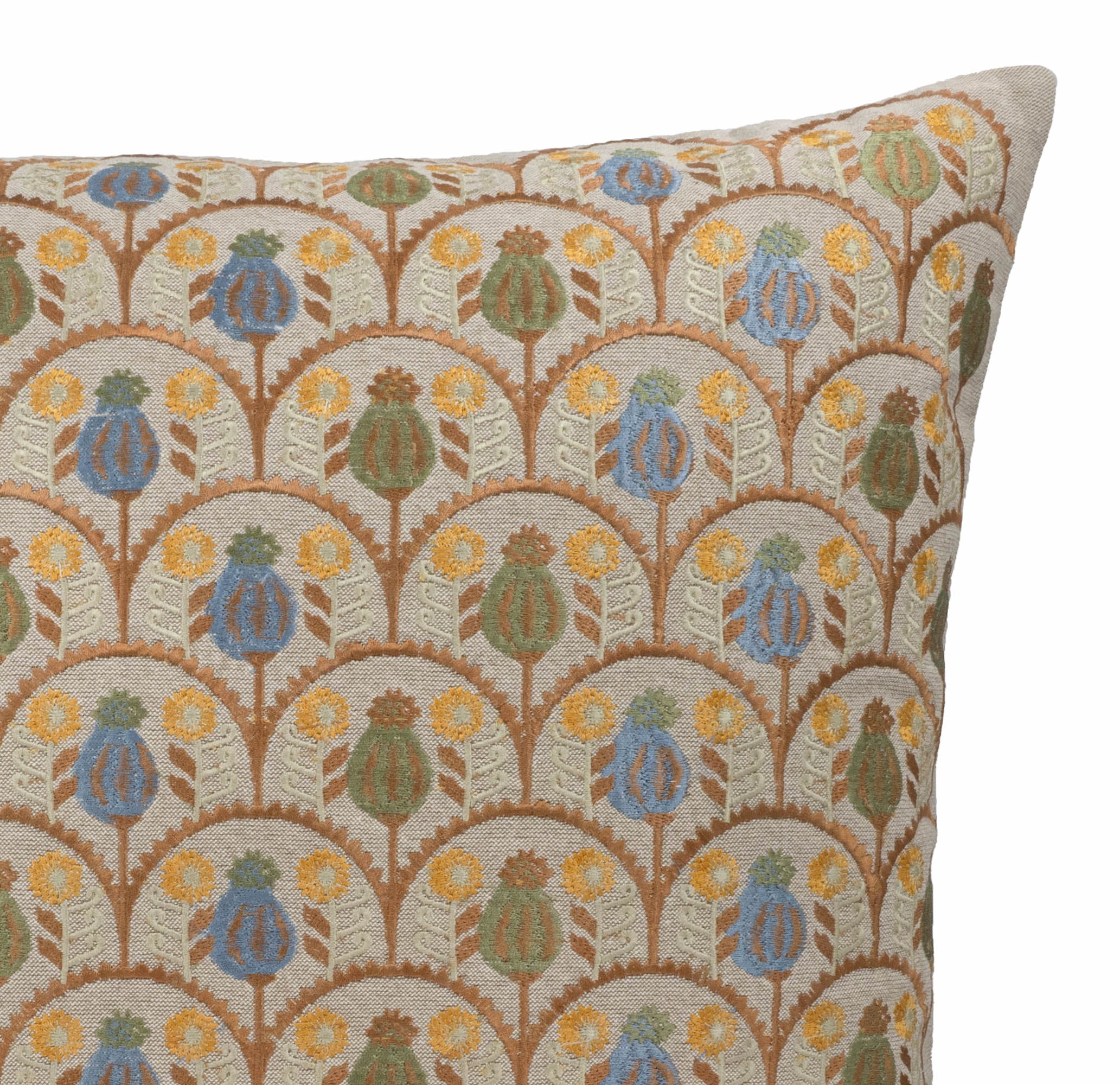 Artisan-crafted linen throw pillow cover with repeating floral embroidery in warm terracotta, blue and ivory shades by ChouChou Touch