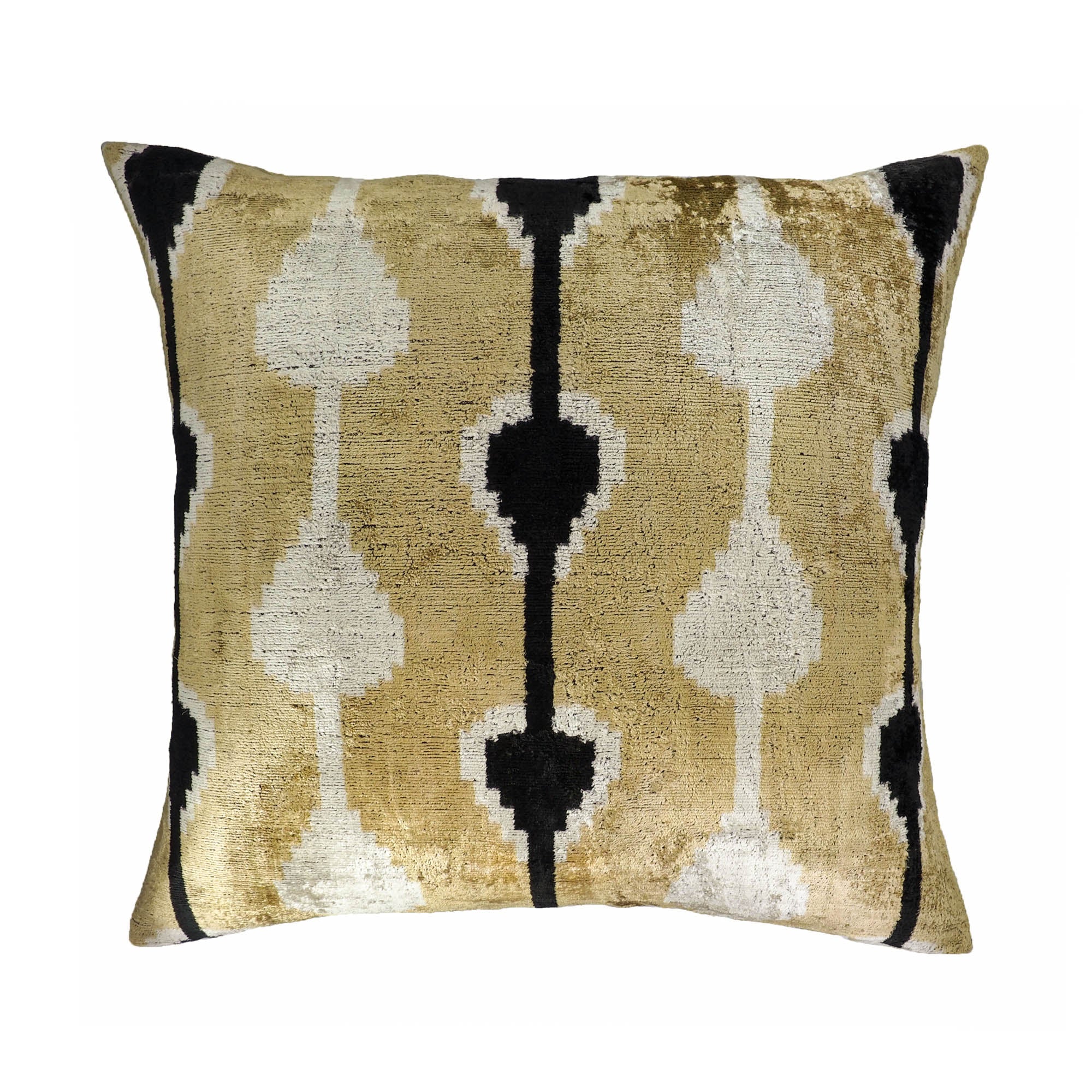 Gold and black silk velvet ikat pillow with mirrored teardrop design by Chouchou Touch.