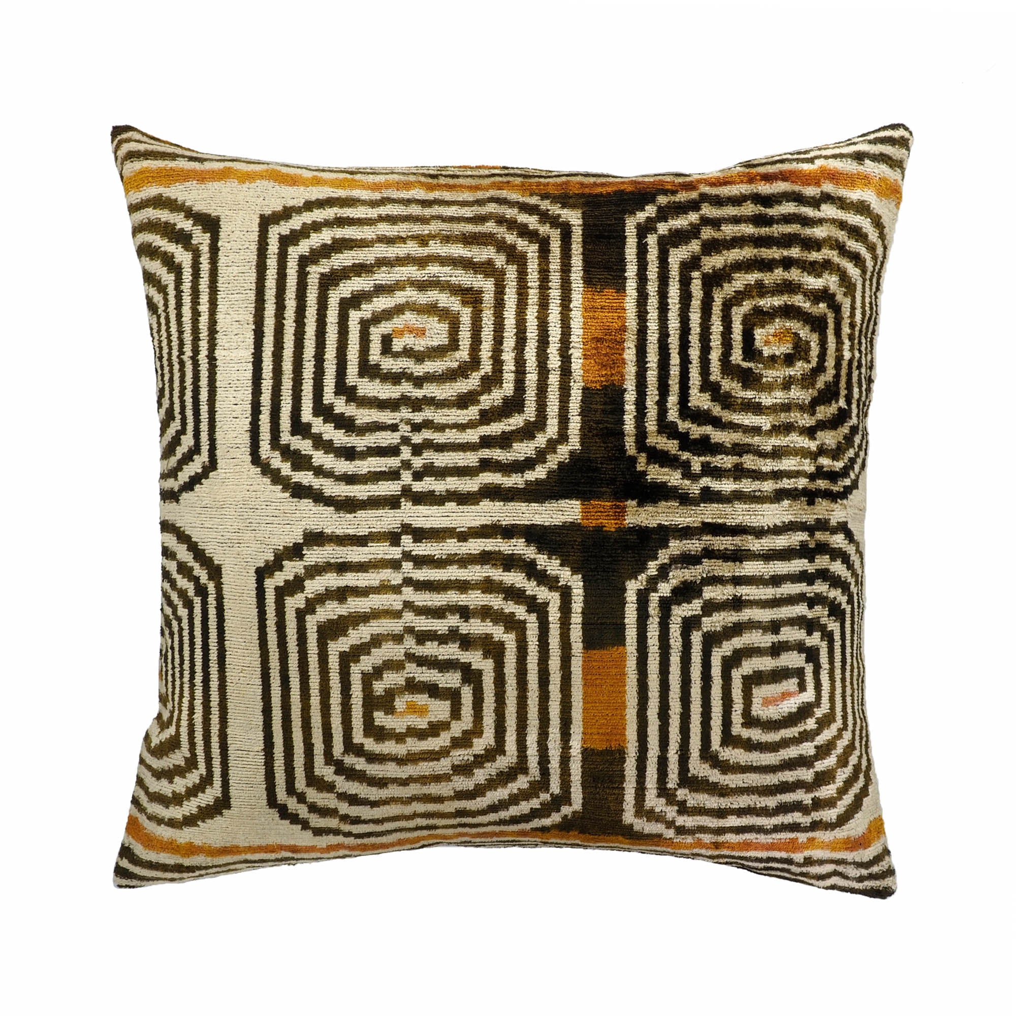Square silk velvet ikat pillow with maze-like concentric square patterns in beige, brown, and orange tones.