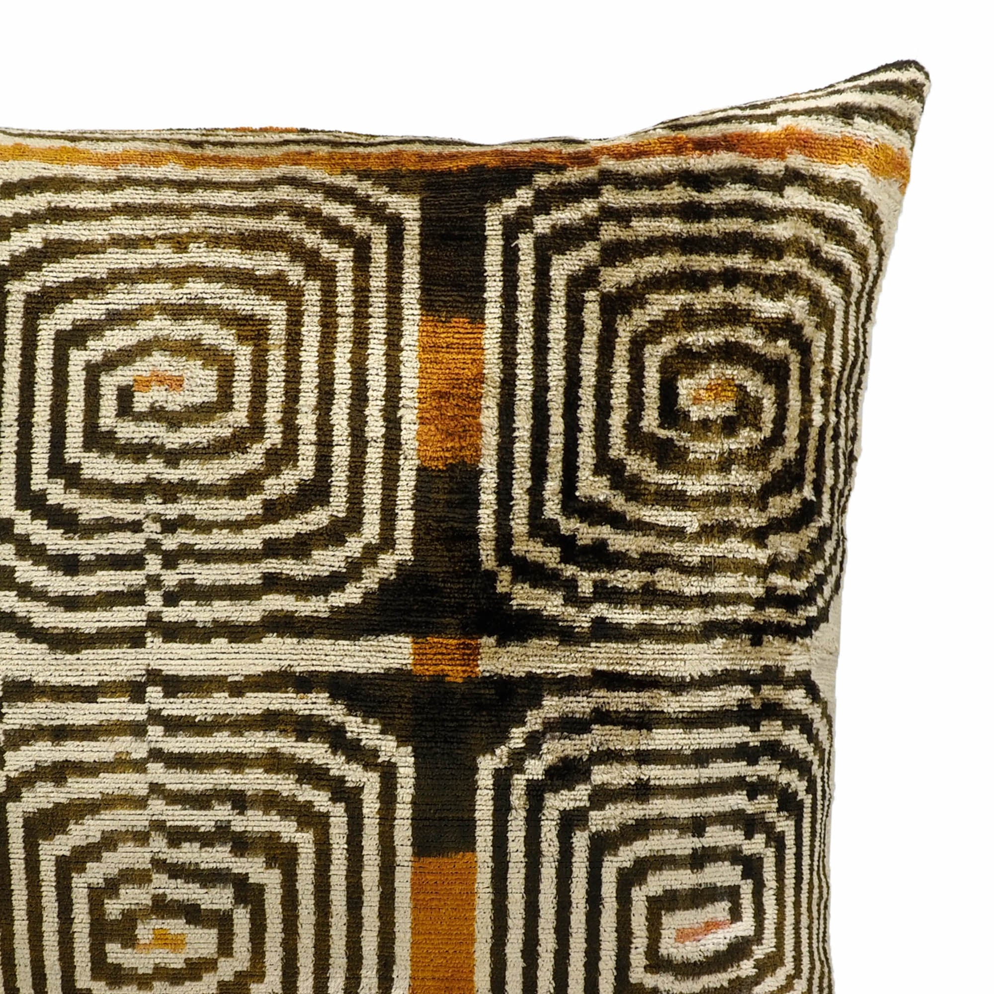 20-inch decorative pillow cover with handwoven concentric square patterns and soft silk texture.